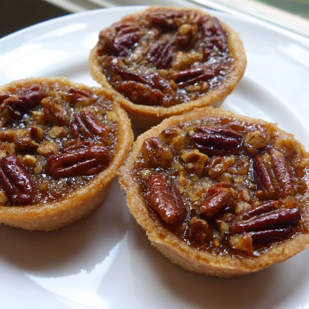 Bite-sized mini pecan pies topped with toasted nuts and warm spiced syrup