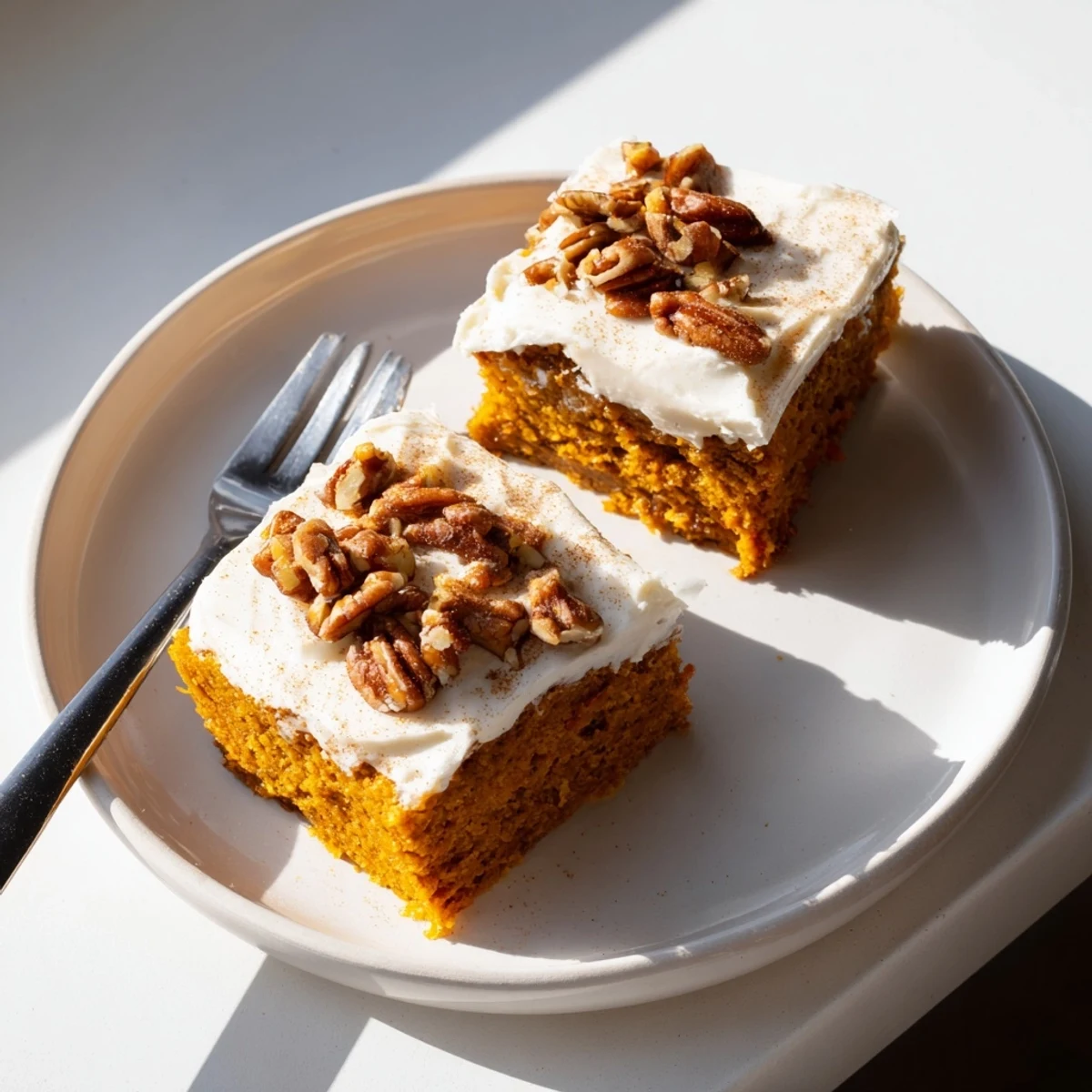 Thick pillowy cream cheese frosting spread over golden spiced pumpkin bars dusted with cinnamon