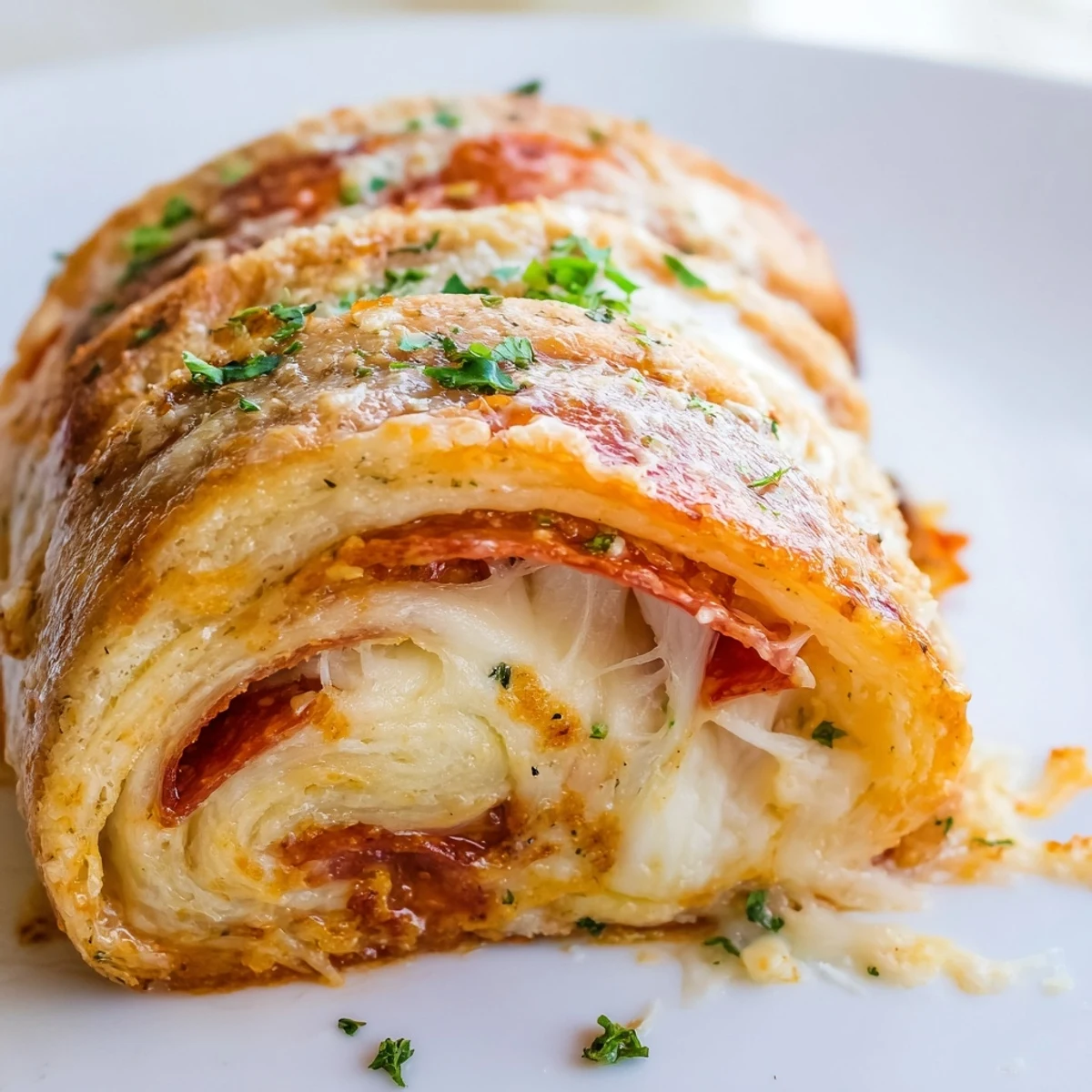 Garlic-butter pepperoni pizza roll breadsticks sliced open revealing gooey cheese filling