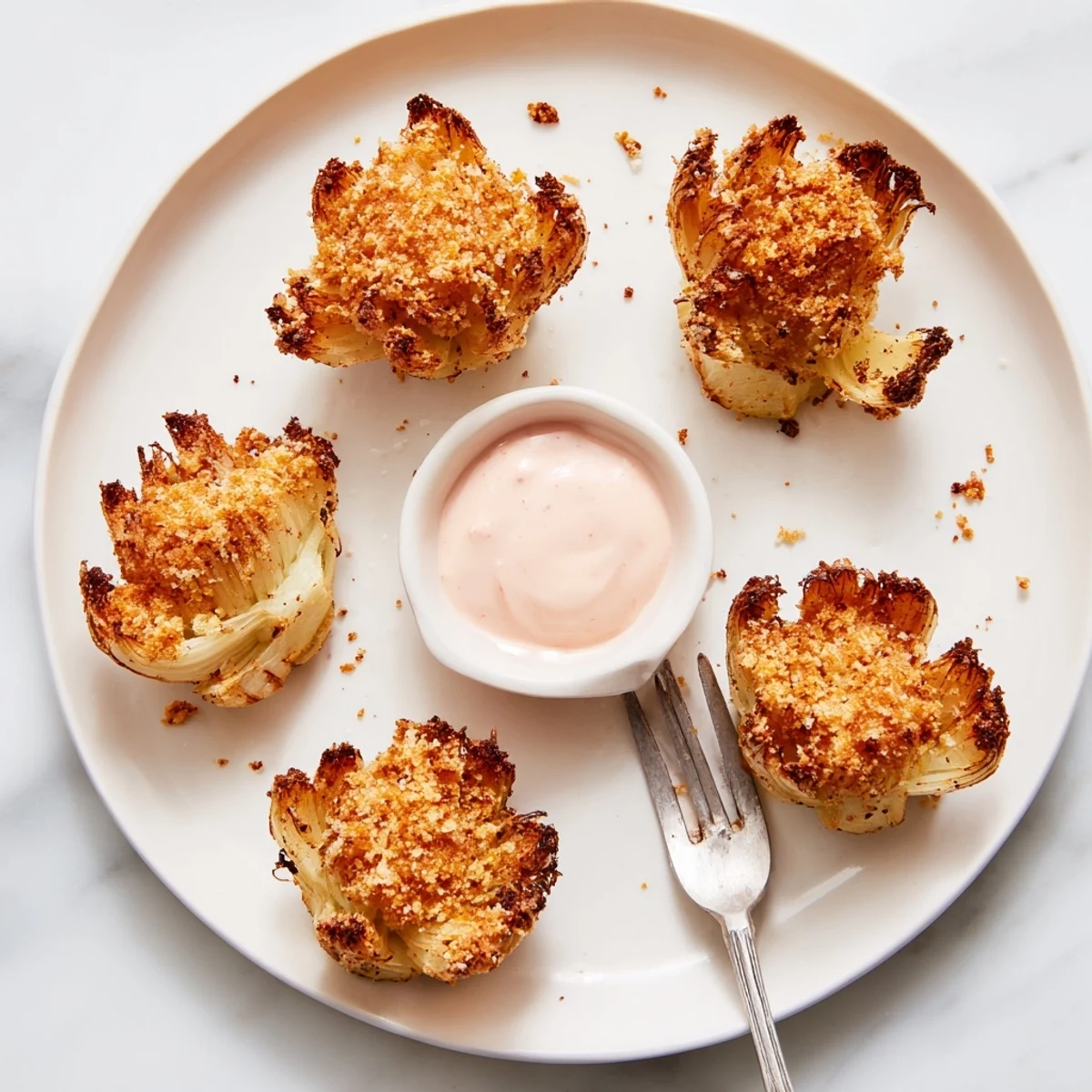 Golden crispy mini bloomin onions served with zesty horseradish dipping sauce
