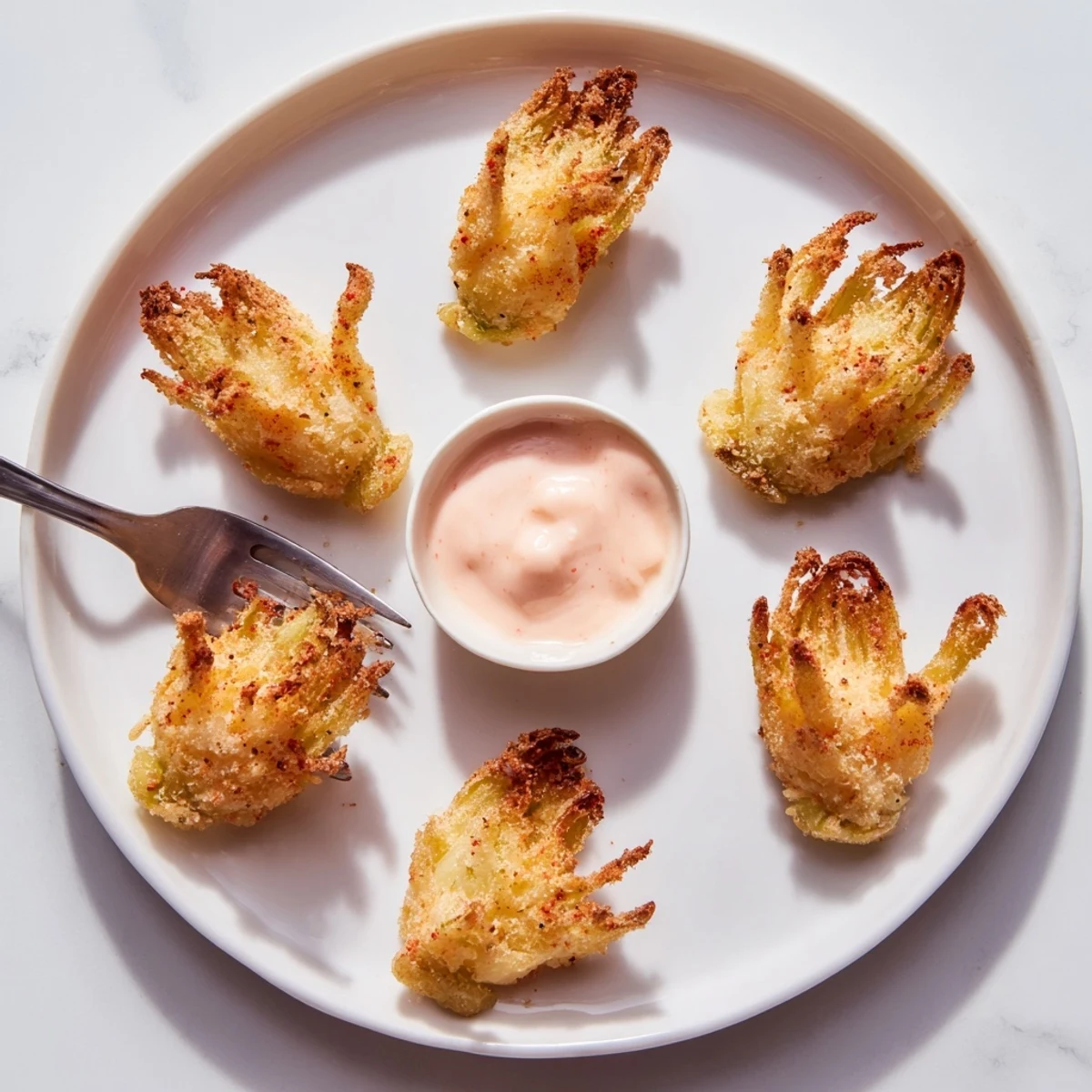 Six golden mini bloomin onions arranged on a plate with spicy mayo