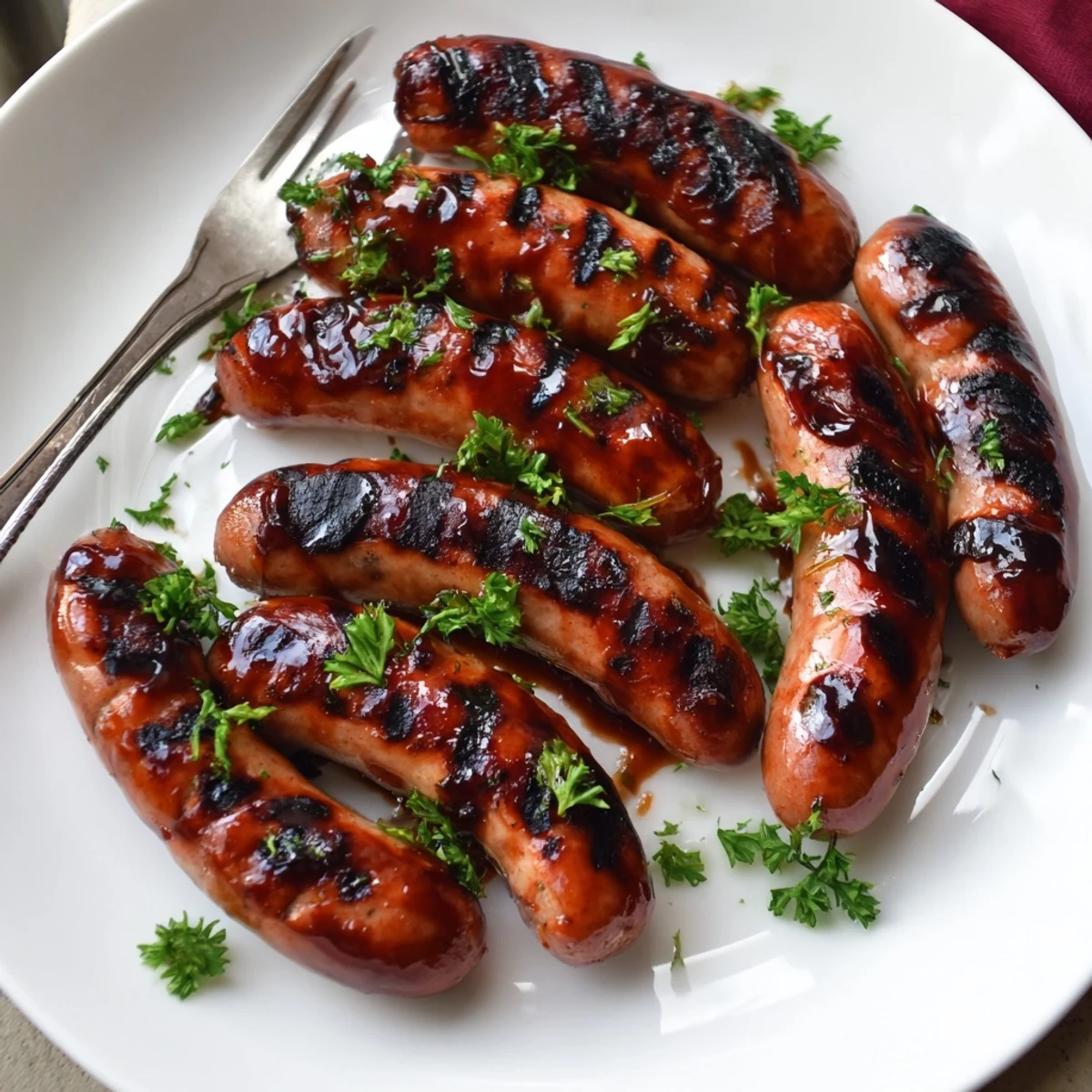 Juicy grilled sausages glistening with caramelized BBQ sauce on a summer cookout platter