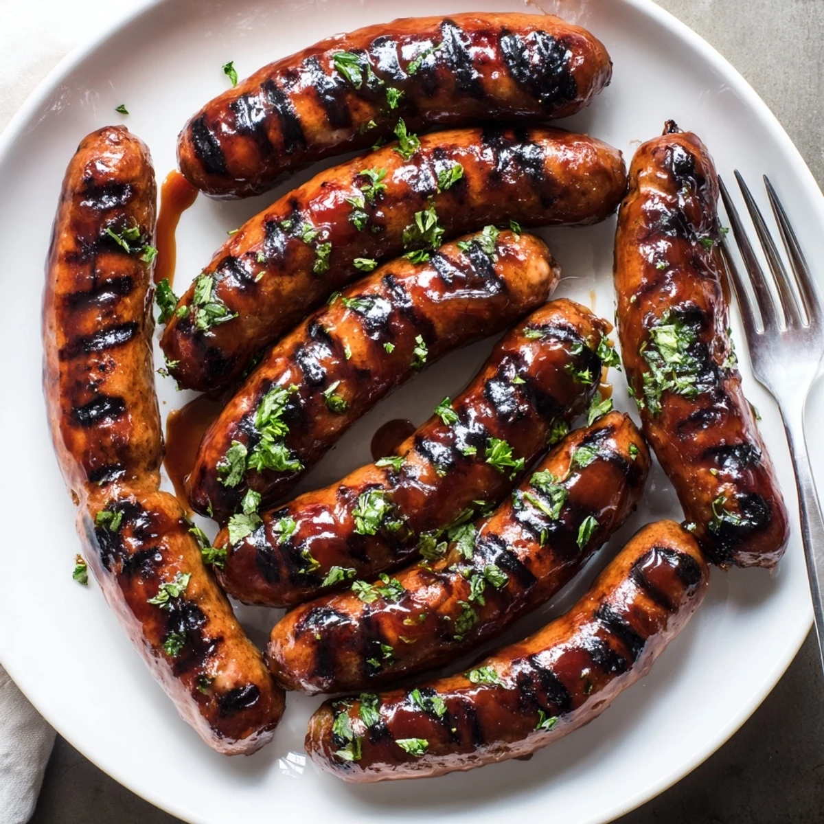 Tangy barbecue-glazed sausages sizzling on a grill with char marks and glossy sauce