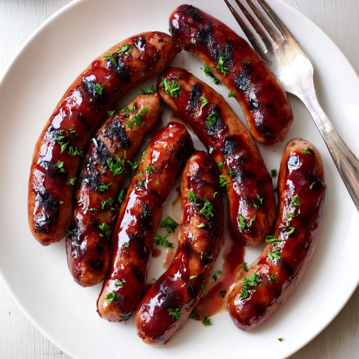 Smoky BBQ sausage recipe served on toasted buns with pickles and fresh parsley