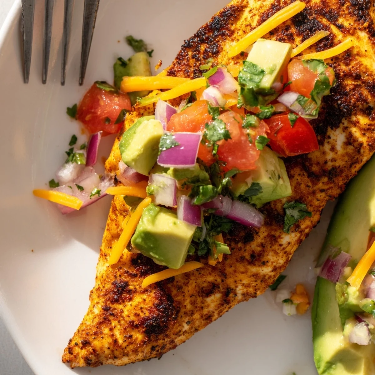 Sizzling grilled fiesta lime chicken topped with creamy avocado and fresh cilantro