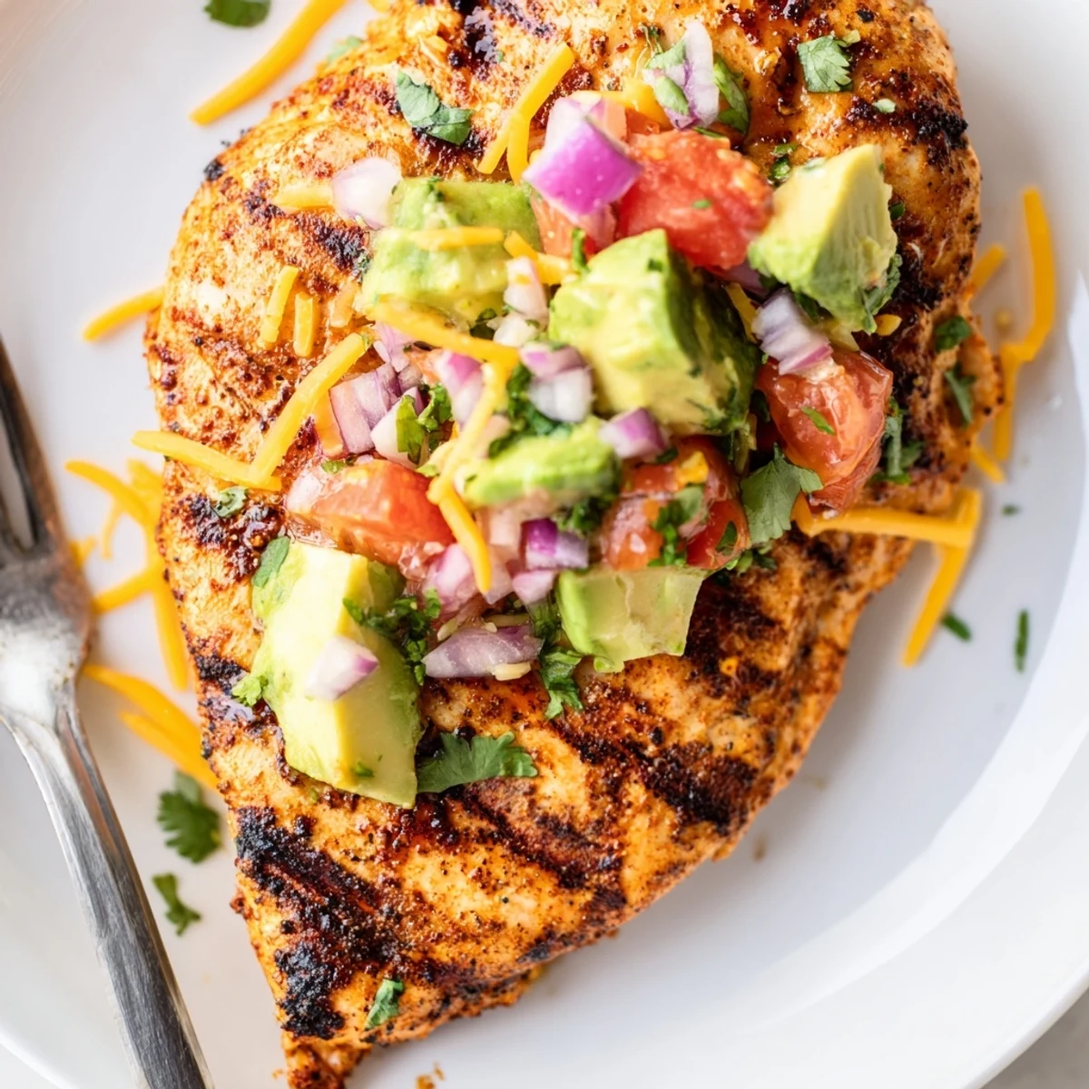 Fiesta lime chicken with avocado served on a white plate with lime wedges