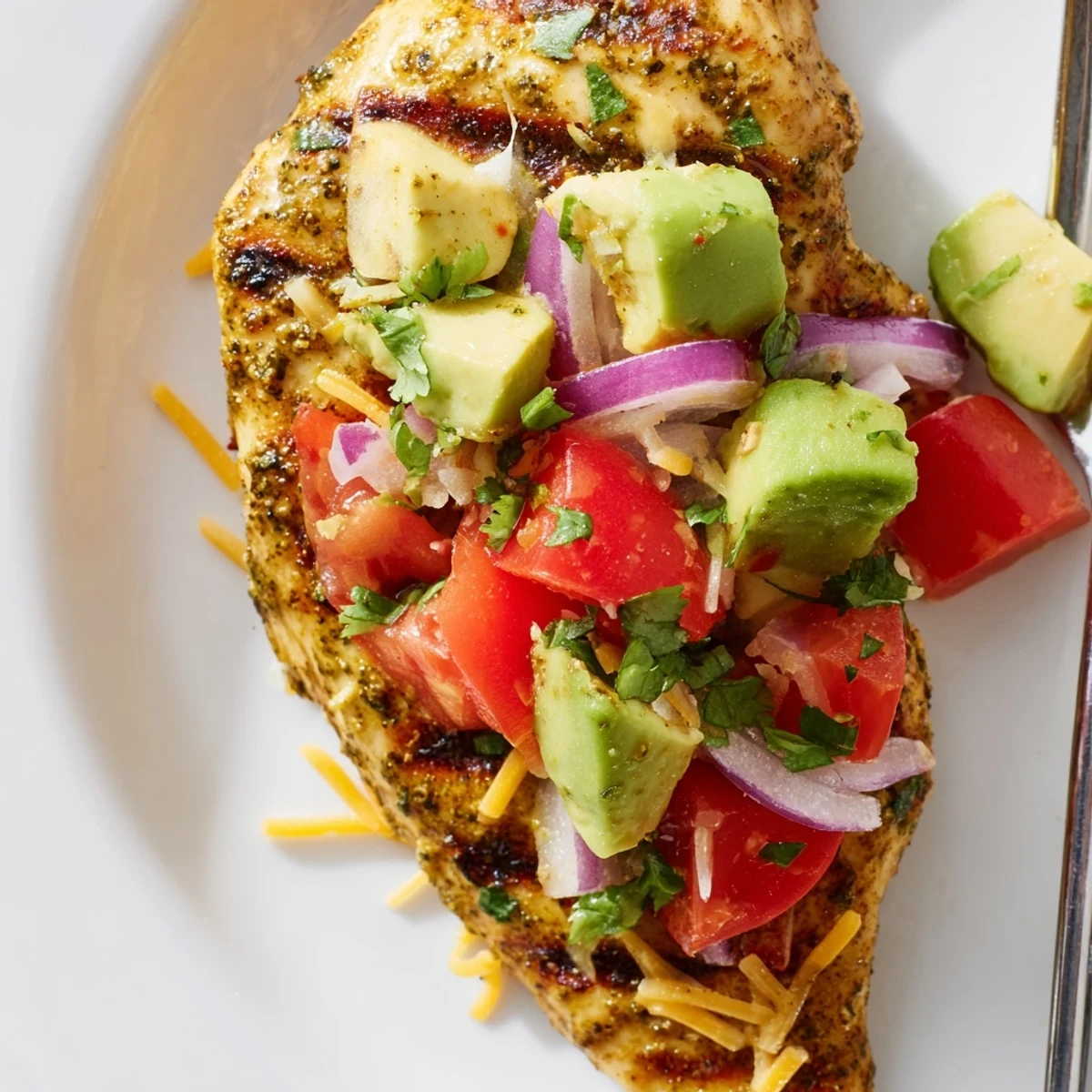 Golden seared fiesta lime chicken drizzled with juicy avocado salsa and diced tomato