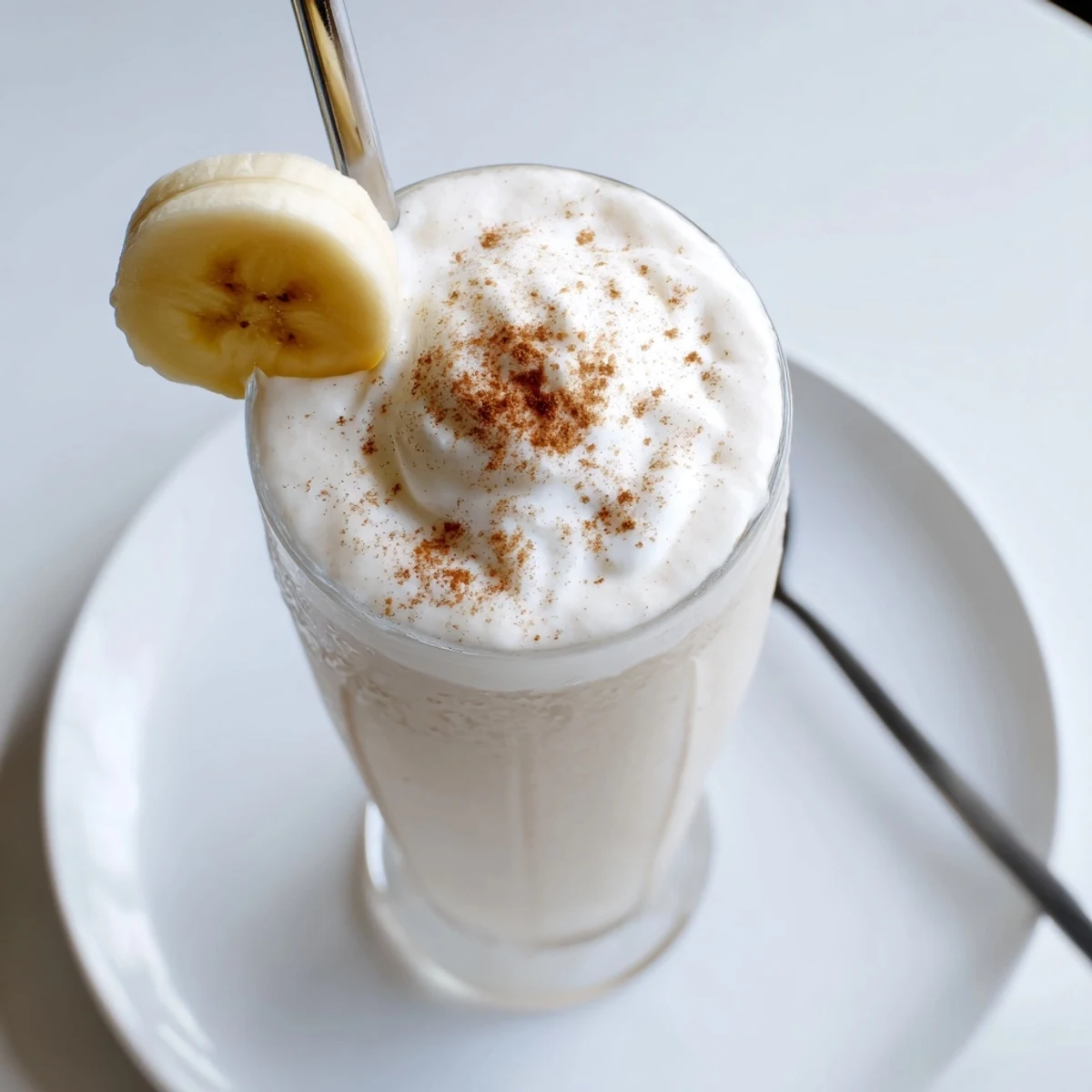 Creamy Vanilla Banana Shake in chilled glass with frothy whipped cream topping