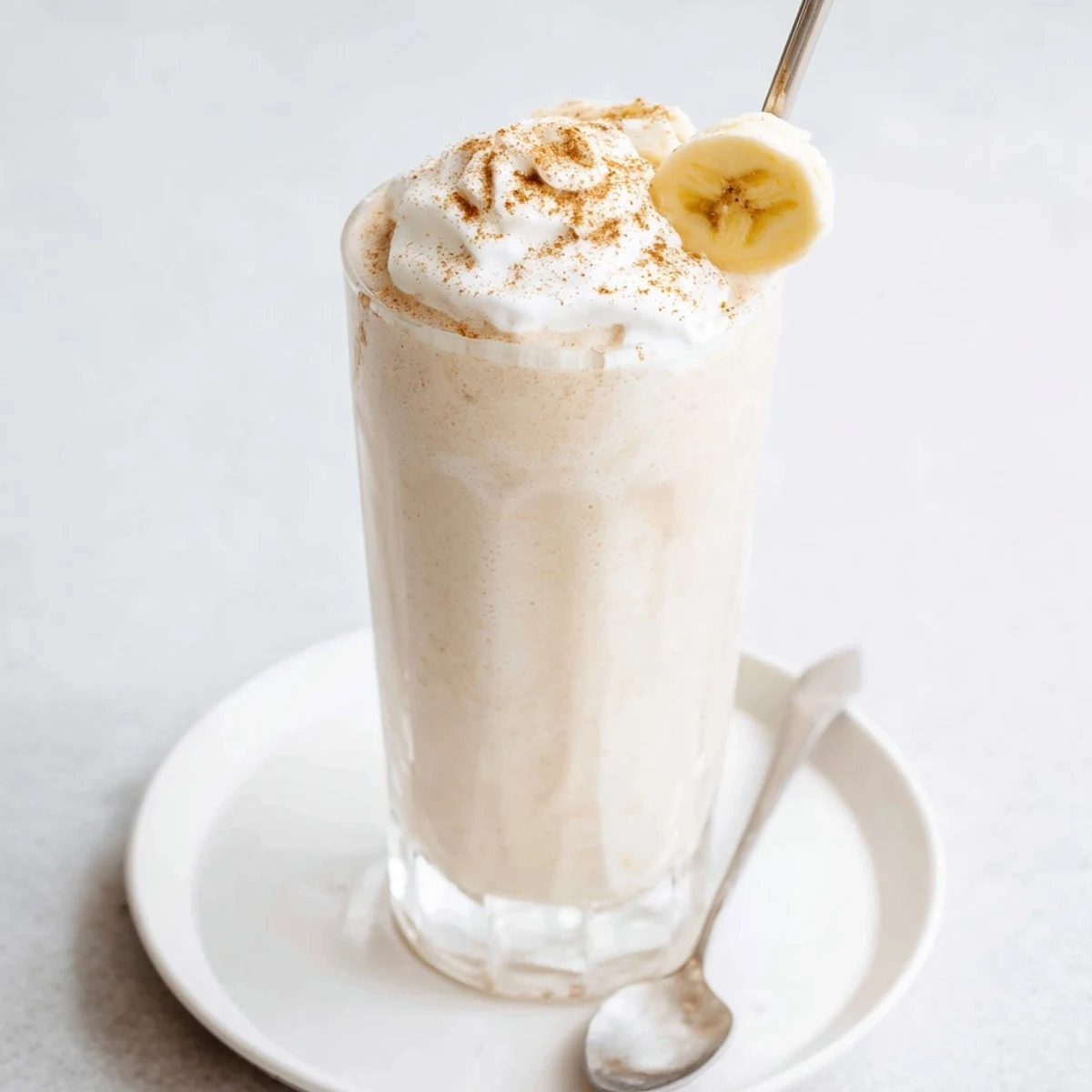 Frosty Vanilla Banana Shake blended with ripe bananas, lightly sprinkled with cinnamon
