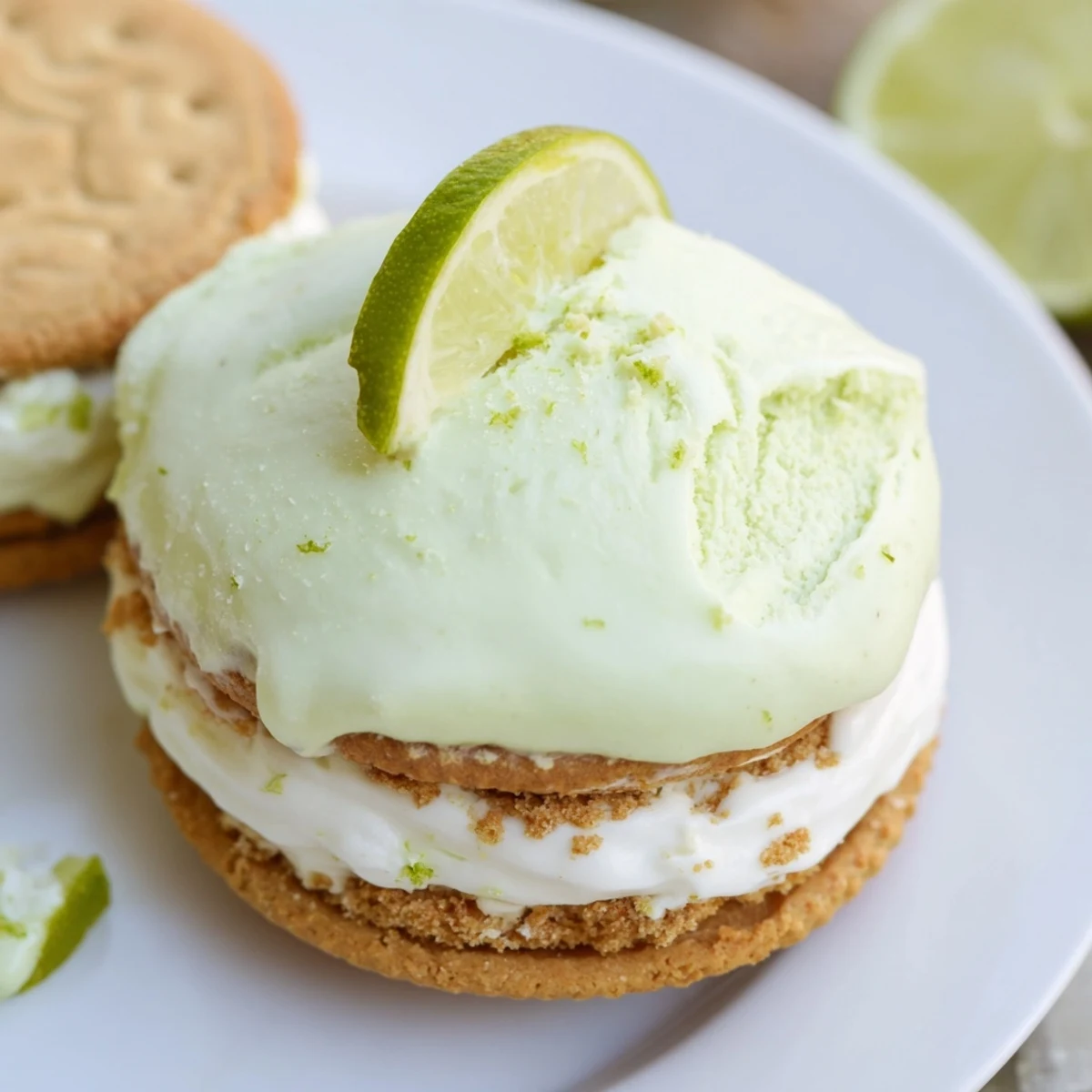 Chilled Key Lime Pie Ice Cream Sandwiches, creamy tart center nestled between crisp cookies