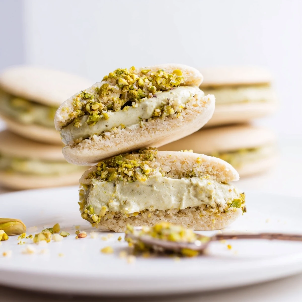 Homemade Pistachio Cream Cookies Recipe on parchment, crunchy chopped pistachio edges