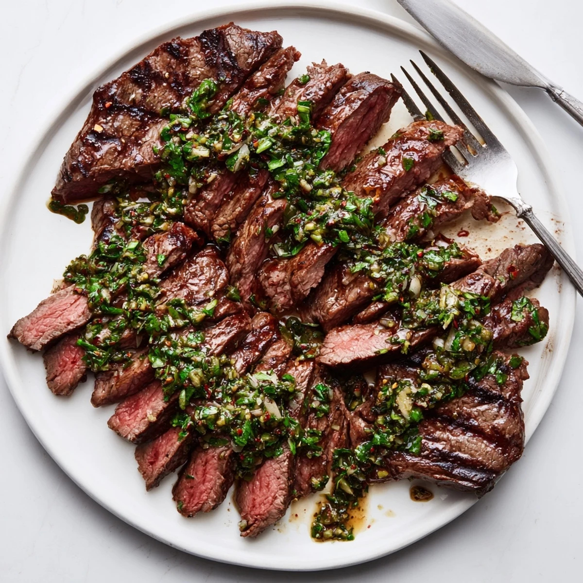 Pan-seared Chimichurri Steak Recipe resting on cutting board, garlic aroma wafting