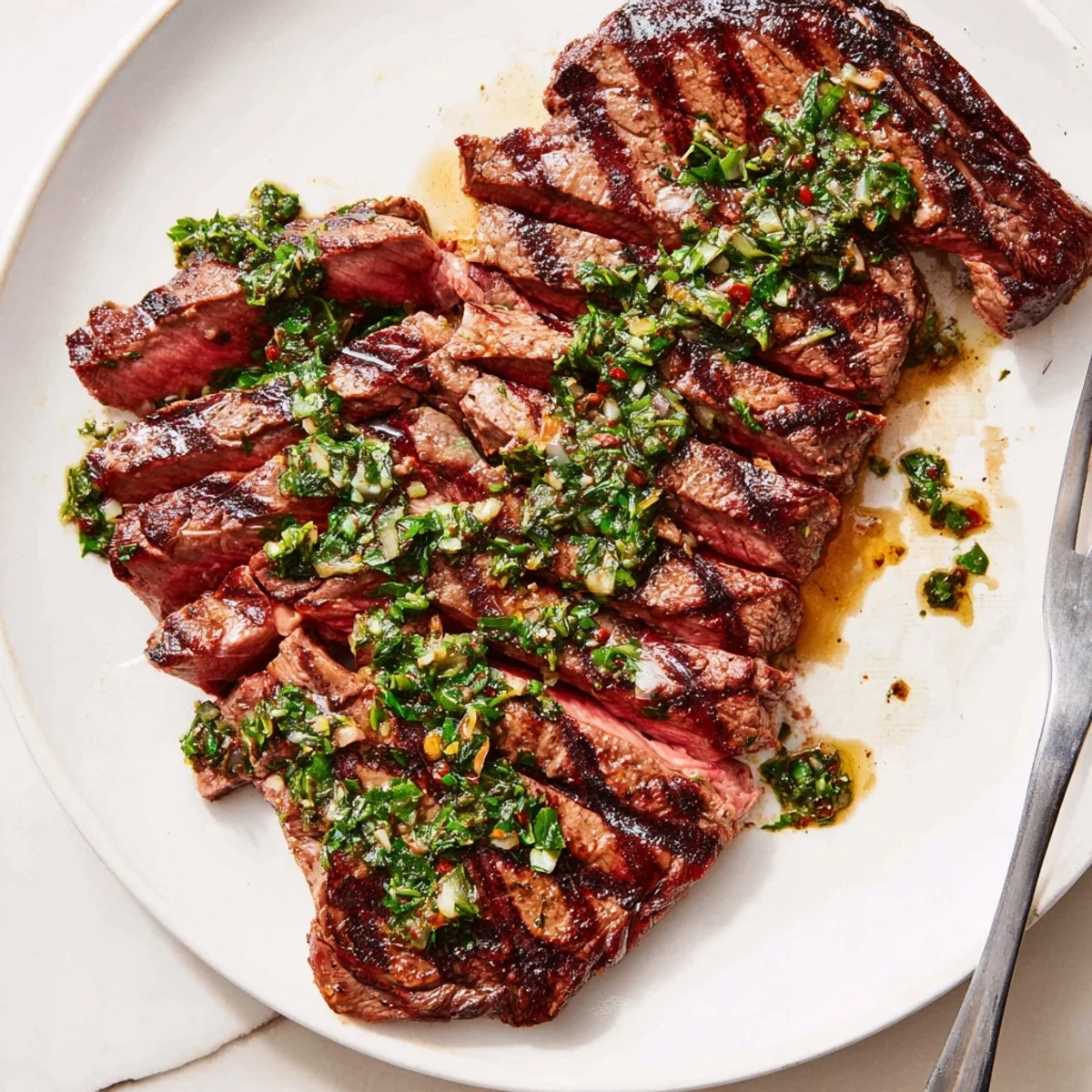Chimichurri Steak Recipe: juicy grilled ribeye sliced, bright herby sauce spooned