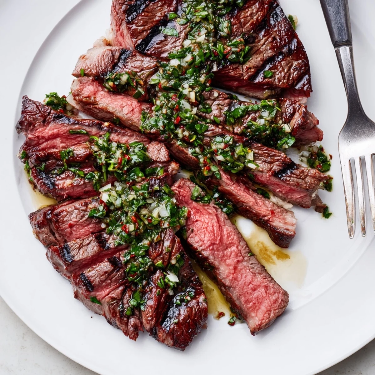 Grilled Chimichurri Steak Recipe served with extra sauce, lemon wedge garnish
