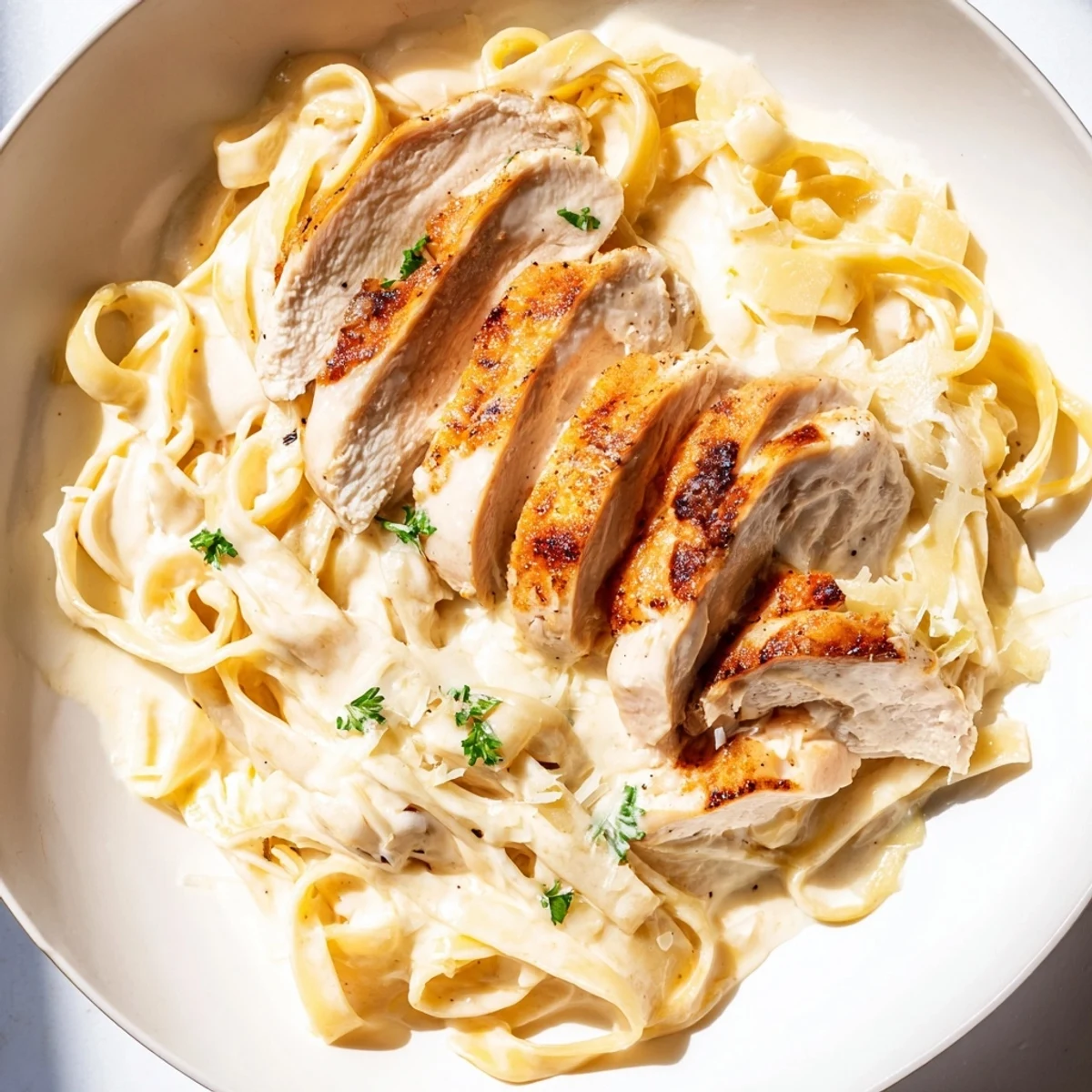 A sliced chicken resting atop Creamy Garlic Chicken Pasta, garnished with parsley