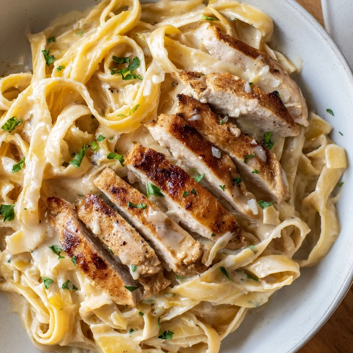 Warm bowl of Creamy Garlic Chicken Pasta with peppery bite and melted Parmesan