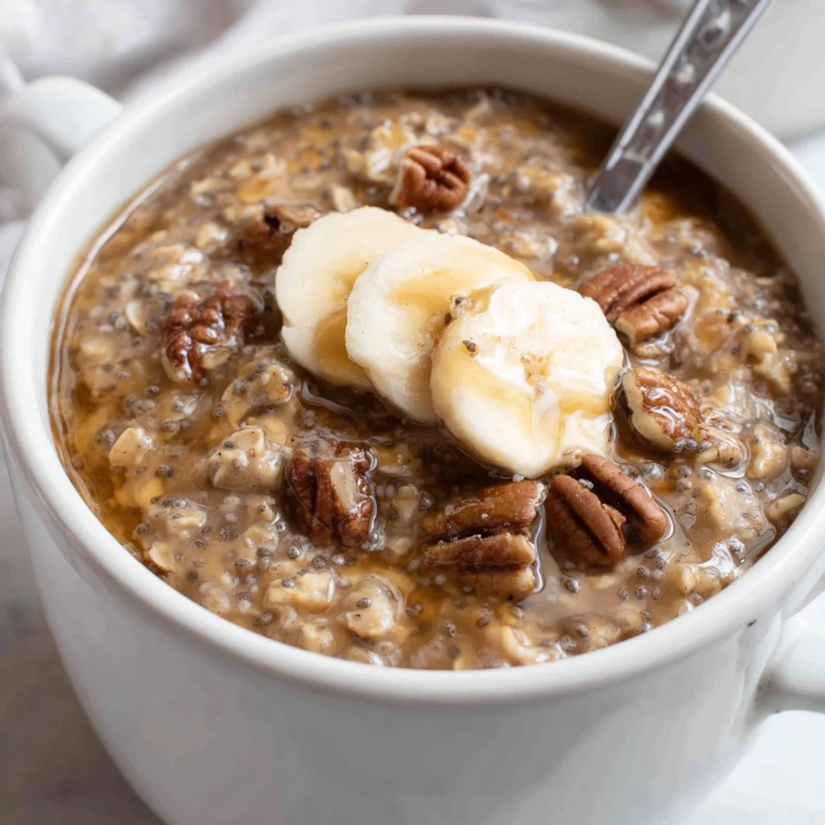 Jarred Brown Sugar Coffee Overnight Oats with yogurt-swirl, chia seeds, and maple drizzle