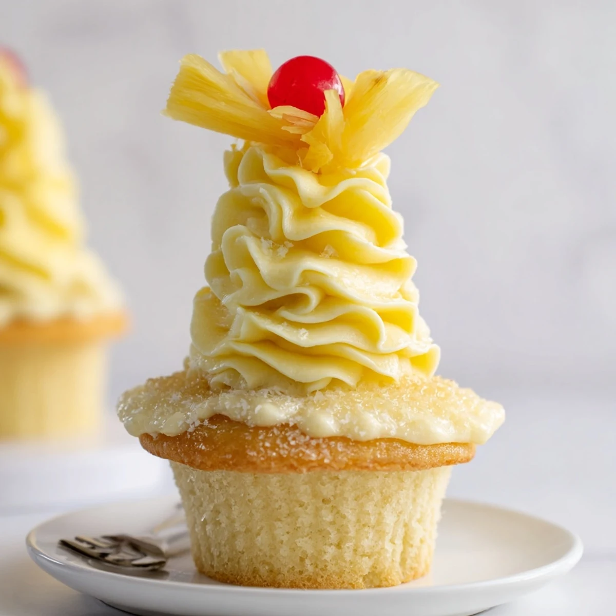 Serve chilled Dole Whip Cupcakes Recipe garnished with dried pineapple and cocktail umbrella