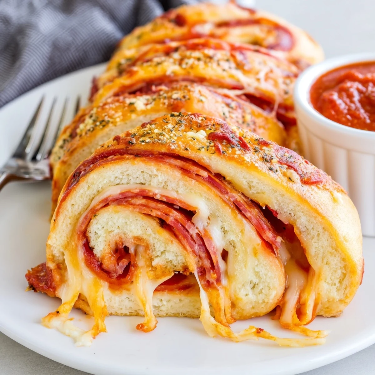Pepperoni Pizza Roll Breadsticks Recipe showing golden, cheesy spirals with marinara dip