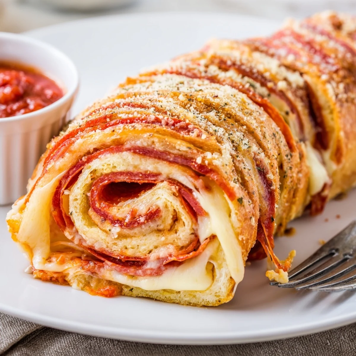 Buttery Parmesan crust reveals melty mozzarella in Pepperoni Pizza Roll Breadsticks Recipe