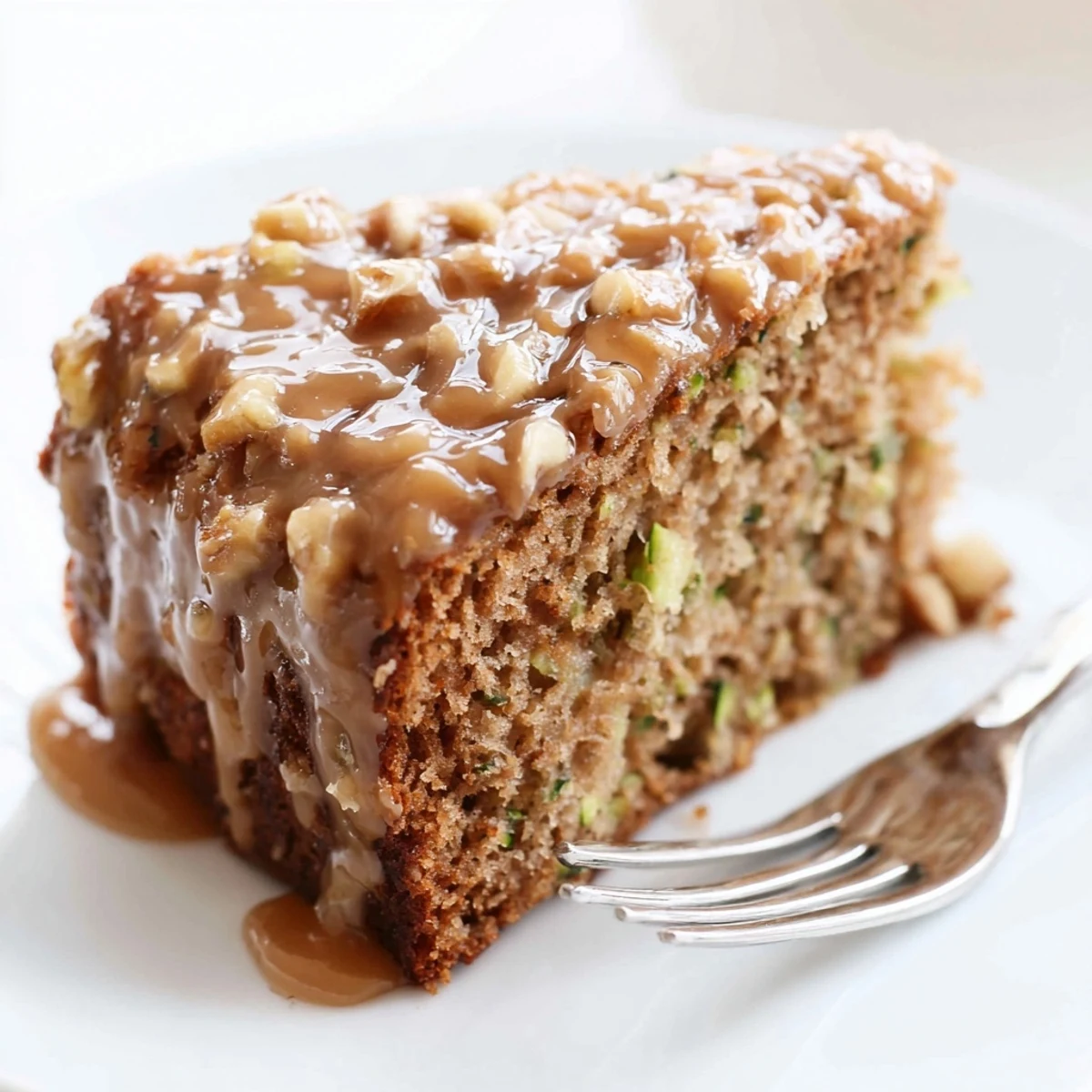 A warm Zucchini Cake With Brown Sugar Icing, glossy drizzle and walnuts