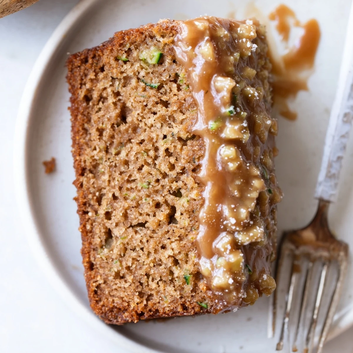 Sliced Zucchini Cake With Brown Sugar Icing beside coffee, soft crumb visible
