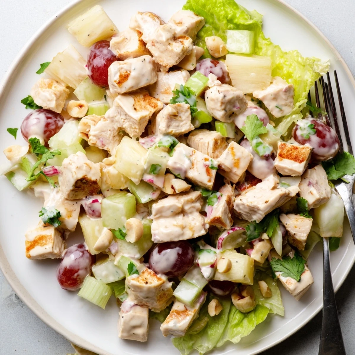 Bright Hawaiian Chicken Salad Recipe tossed with crisp celery, grapes, toasted macadamias