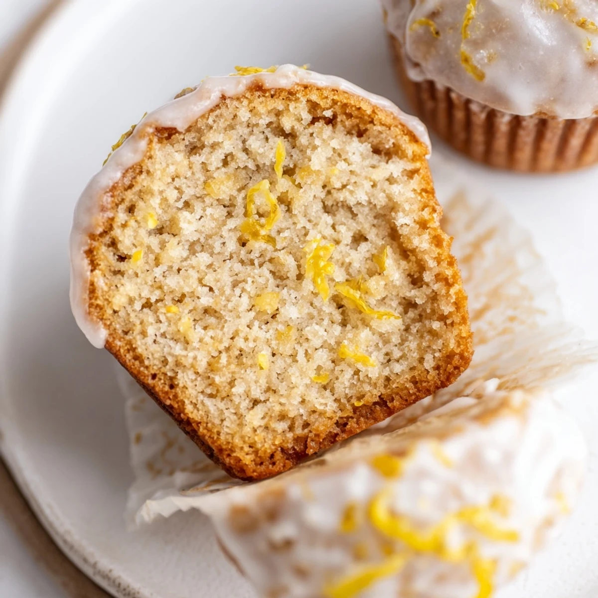 Freshly baked Glazed Lemon Ginger Muffins with zesty glaze, tea-ready breakfast bites