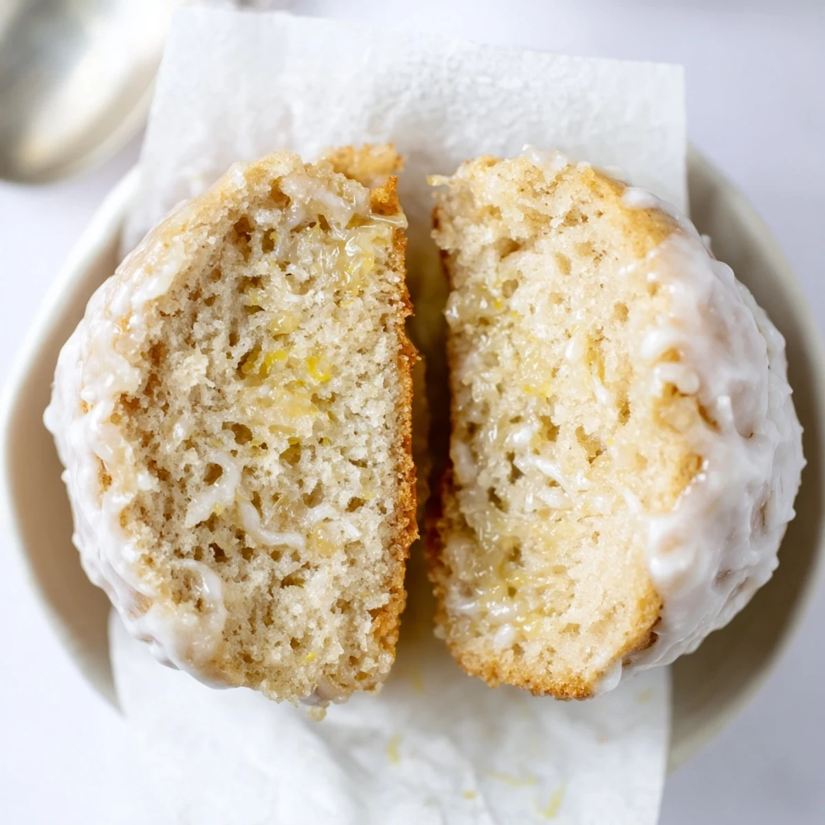 Slice-open Glazed Lemon Ginger Muffins showing moist crumb, bright lemon aroma radiating