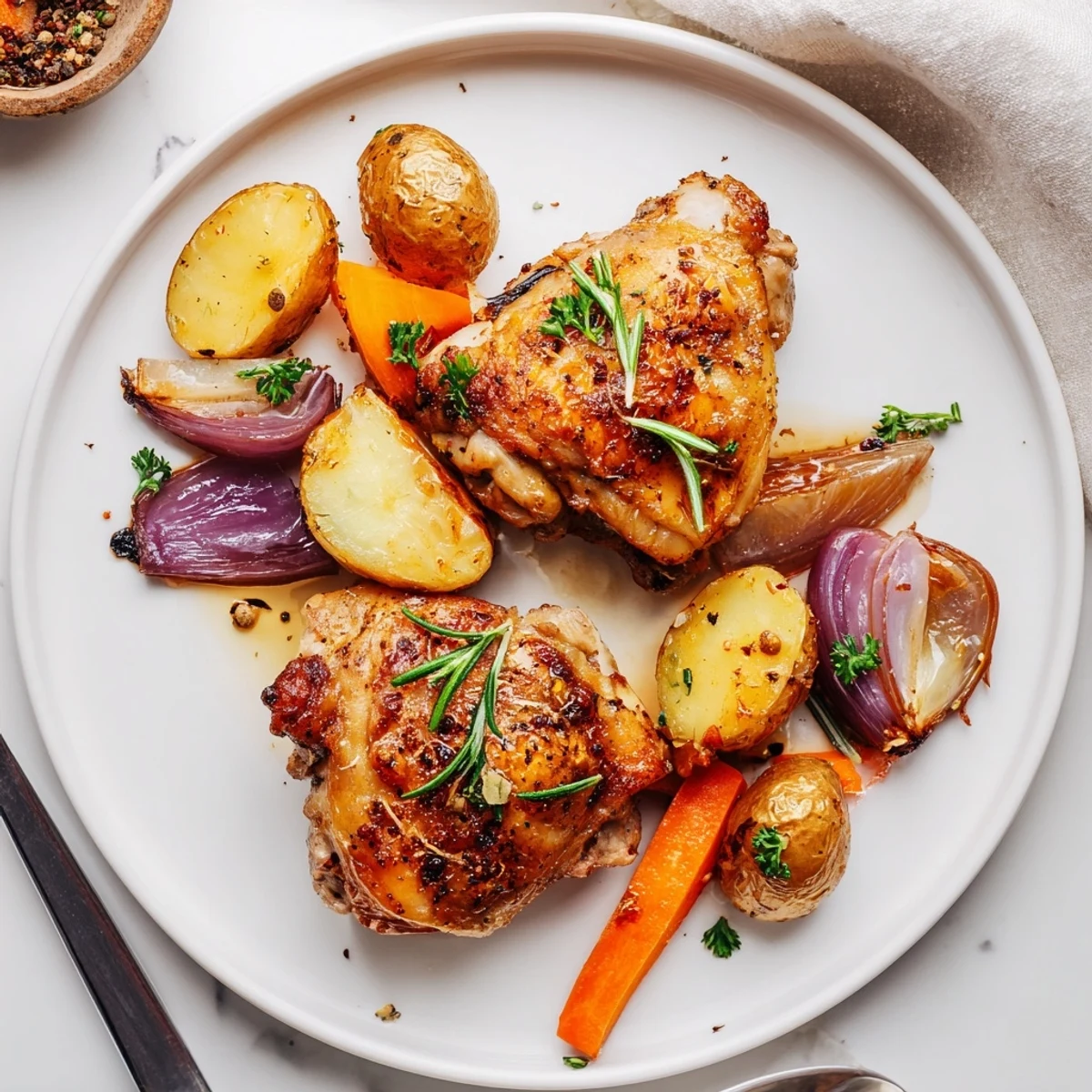 Sheet Pan Chicken And Potatoes with golden crispy skin and roasted carrots