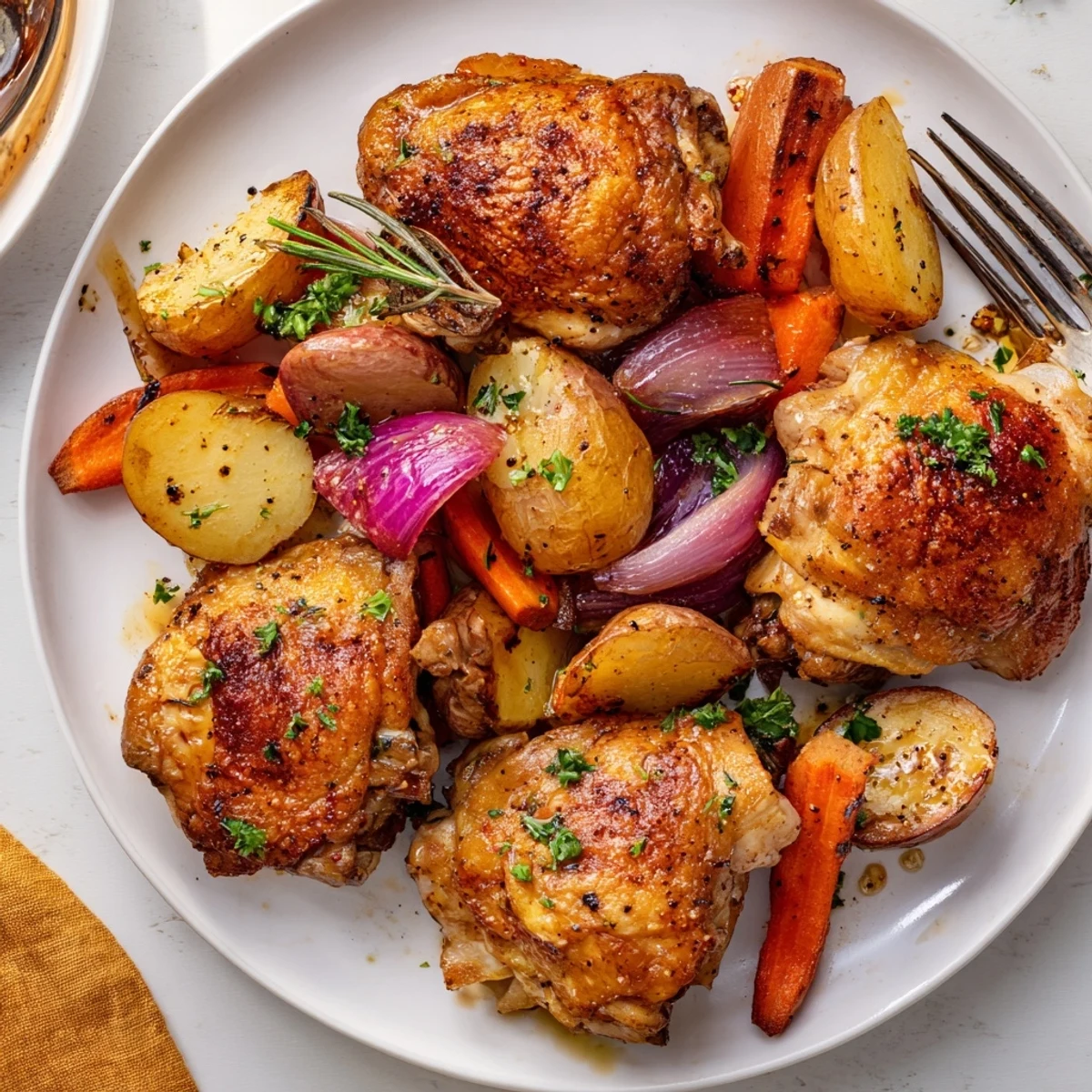 Oven-ready Sheet Pan Chicken And Potatoes resting on parchment, herb-scented steam