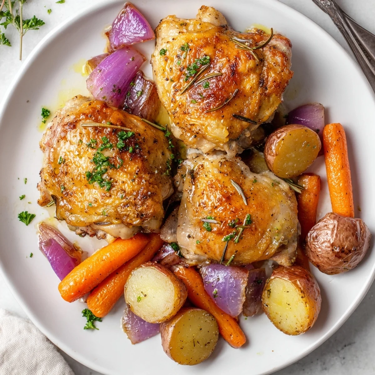 Weeknight Sheet Pan Chicken And Potatoes plated beside crisp green salad