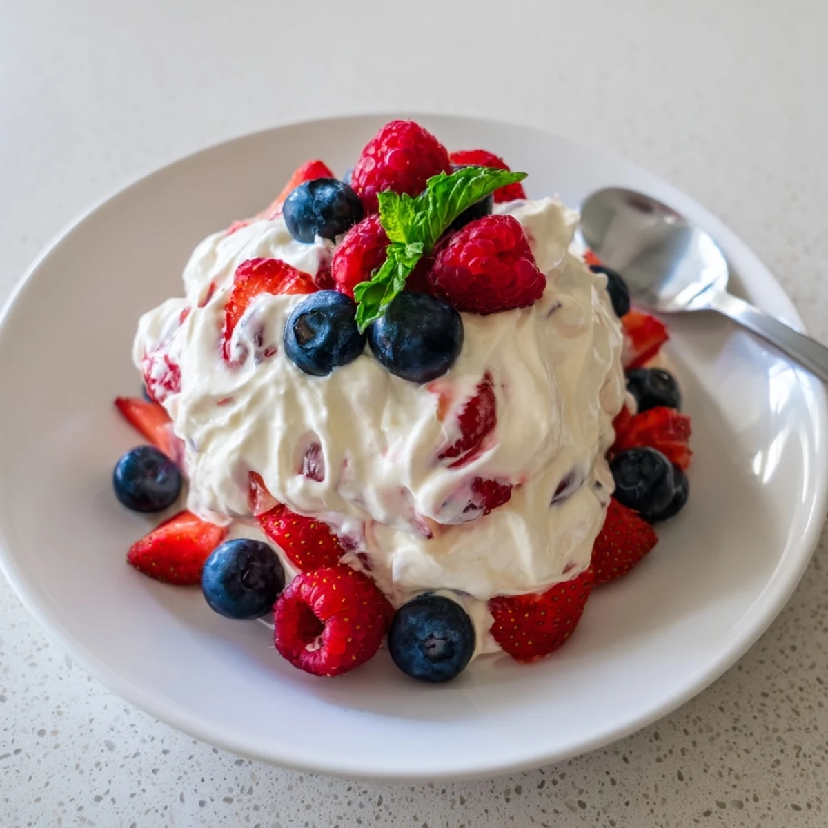 Chilled Red White Blue Cheesecake Salad layered in glasses, mint garnish suggested