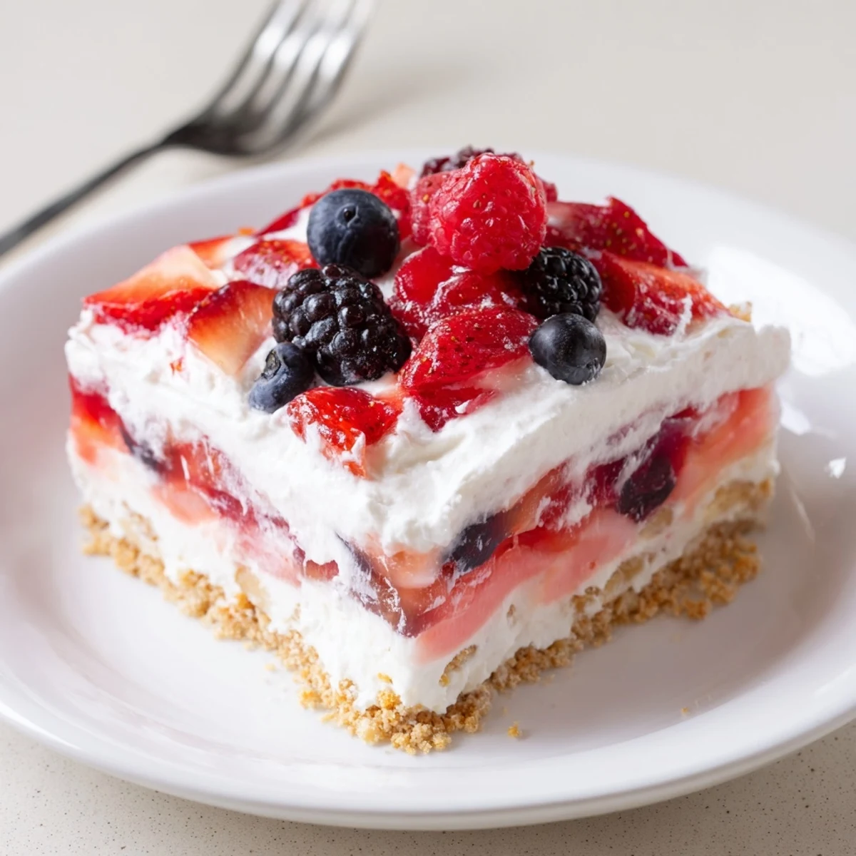 Summer Berry Jello Lasagna layered with creamy cheesecake, glistening berries, picnic-ready