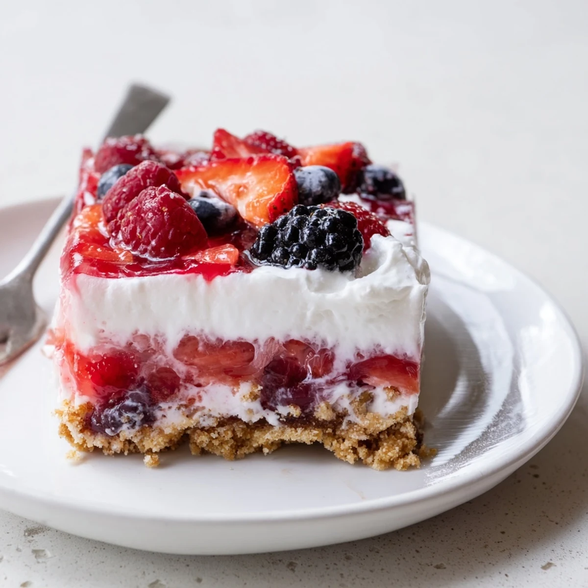Slice of Summer Berry Jello Lasagna on plate, fluffy topping and juicy berries