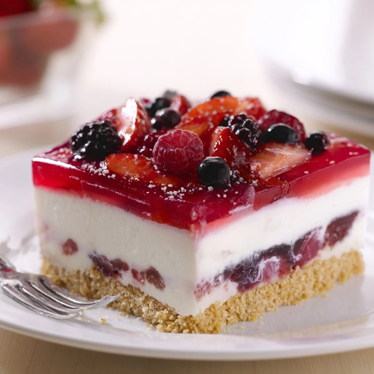 Chilled Summer Berry Jello Lasagna showing vibrant red and blue berries on top