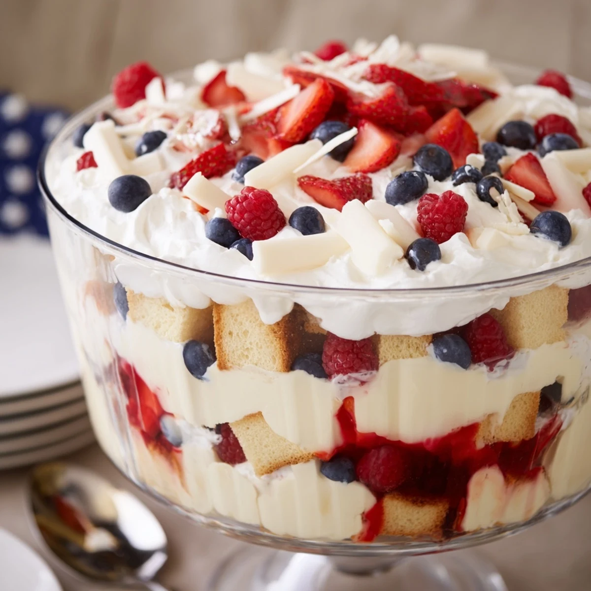 Red White And Blue Trifle in glass bowl, layered cream and bright berries.