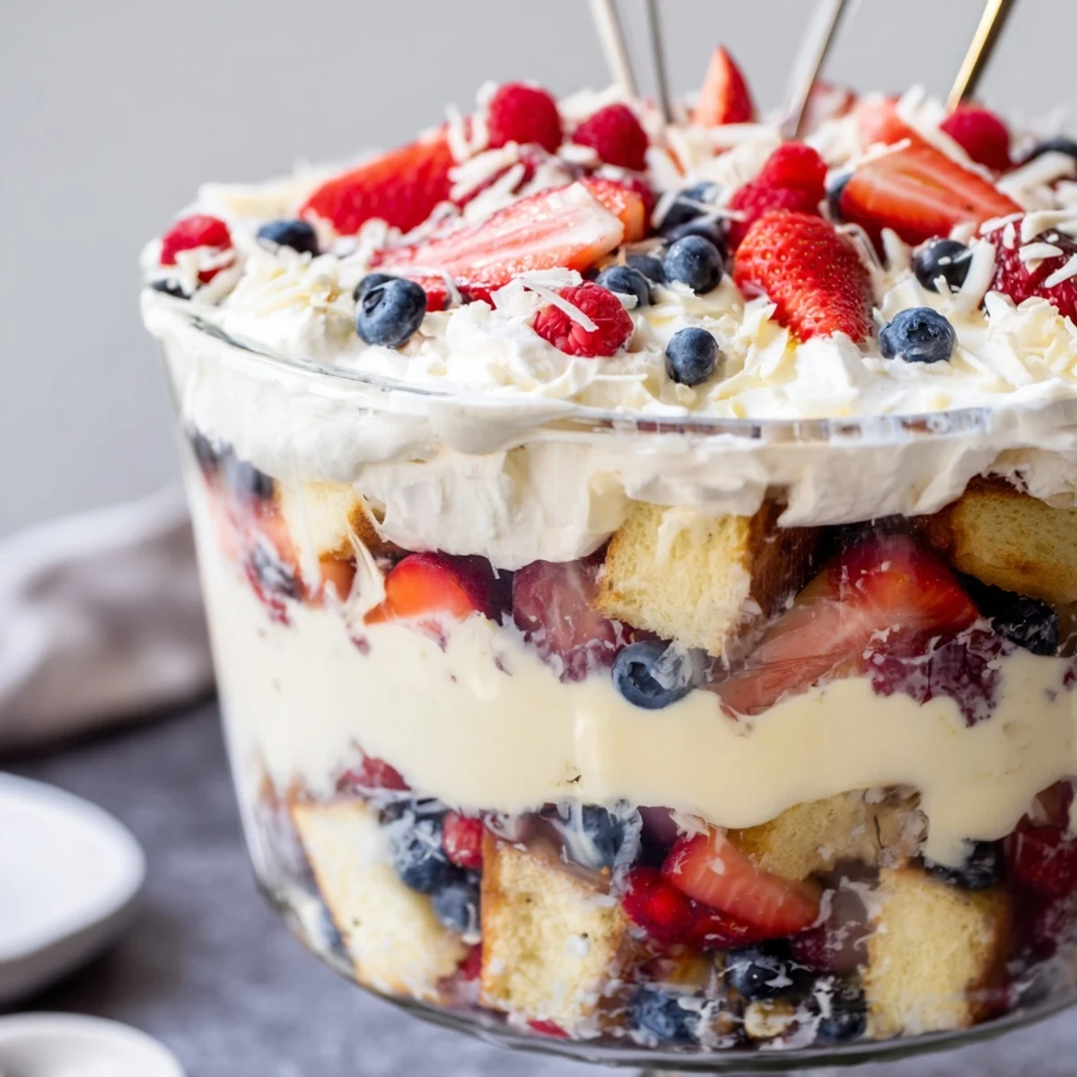 Chilled Red White And Blue Trifle topped with whipped cream and raspberries.