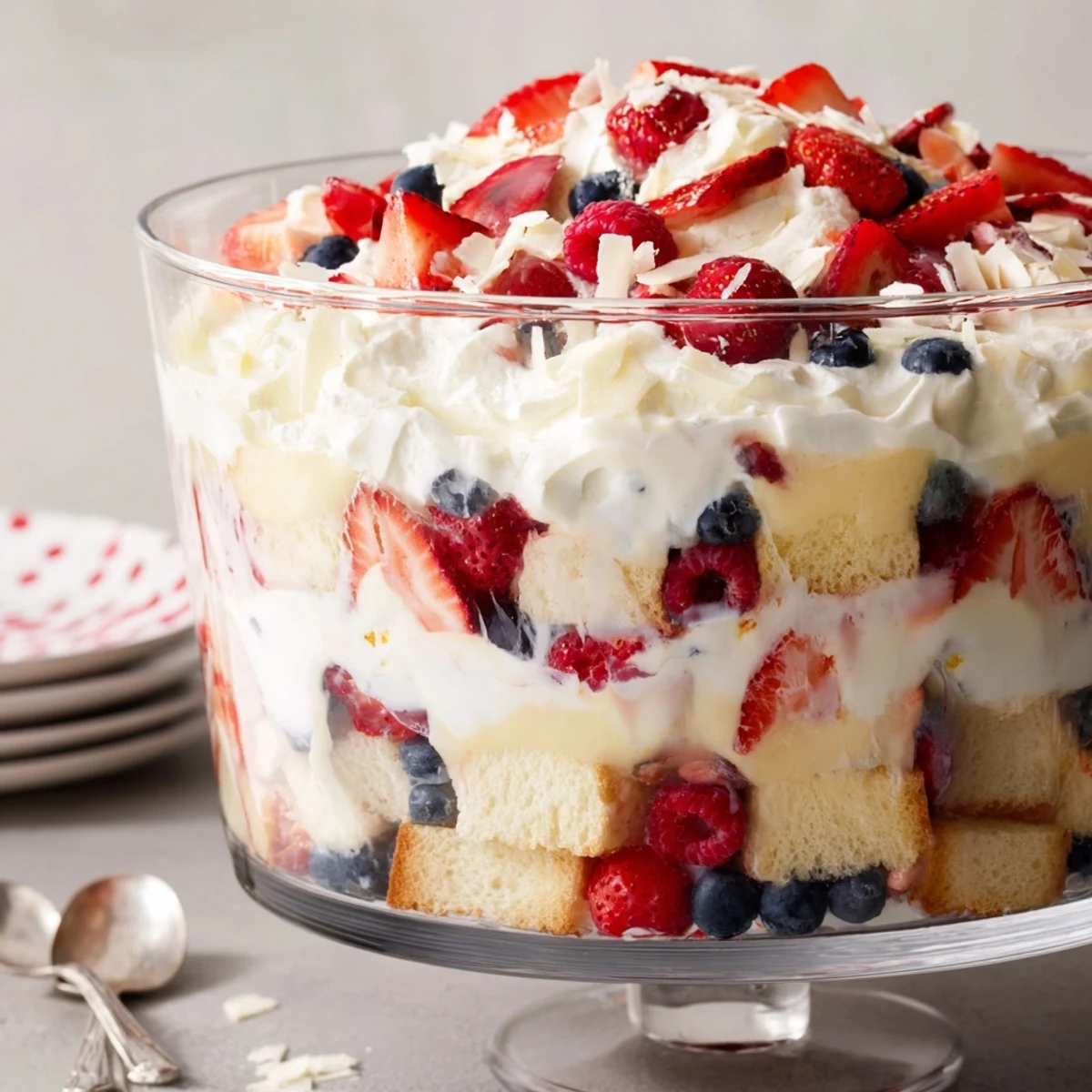 Spoon-ready Red White And Blue Trifle showcasing pound cake, vanilla pudding, berries.