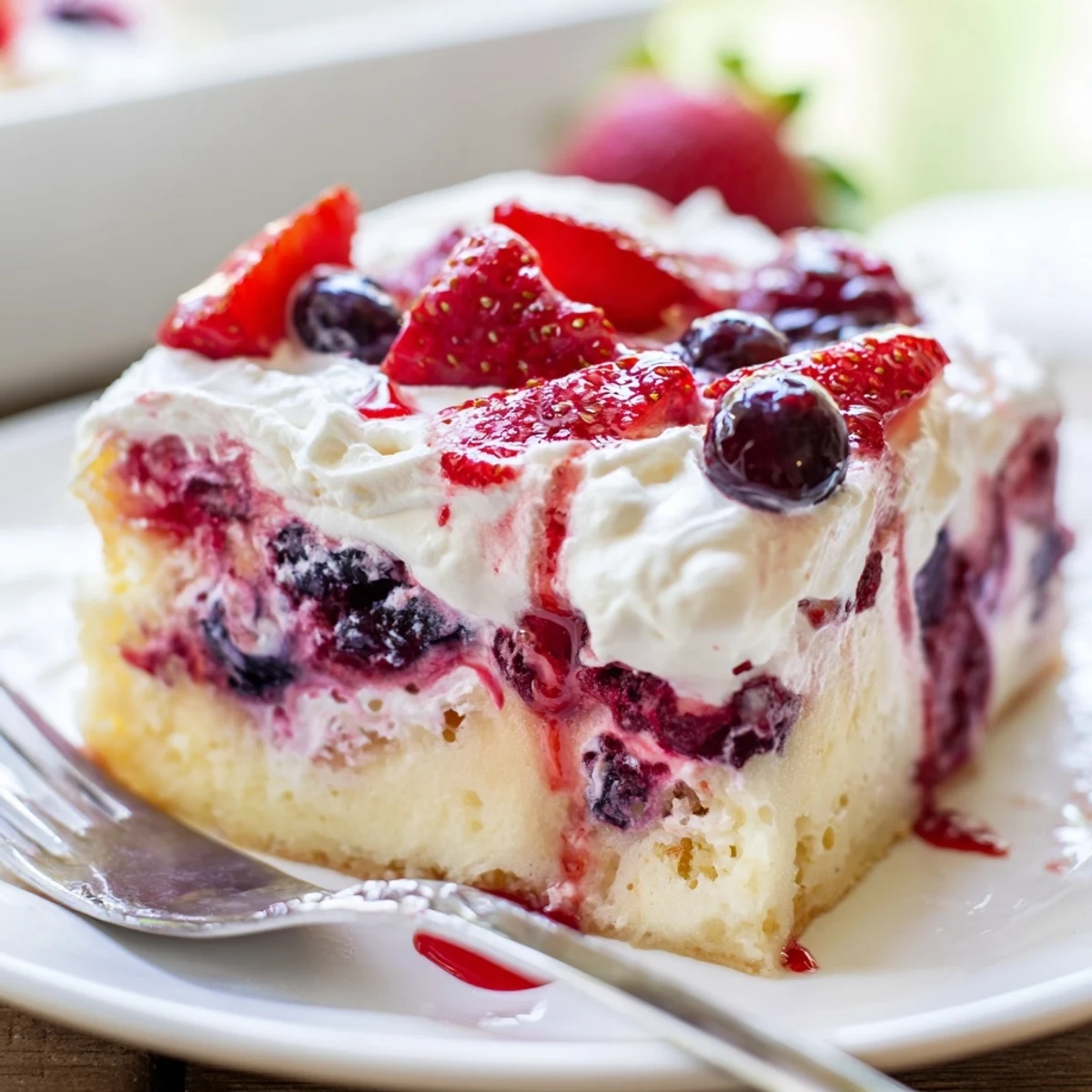 Summer Berry Poke Cake soaked with glossy berry syrup, fluffy whipped topping.