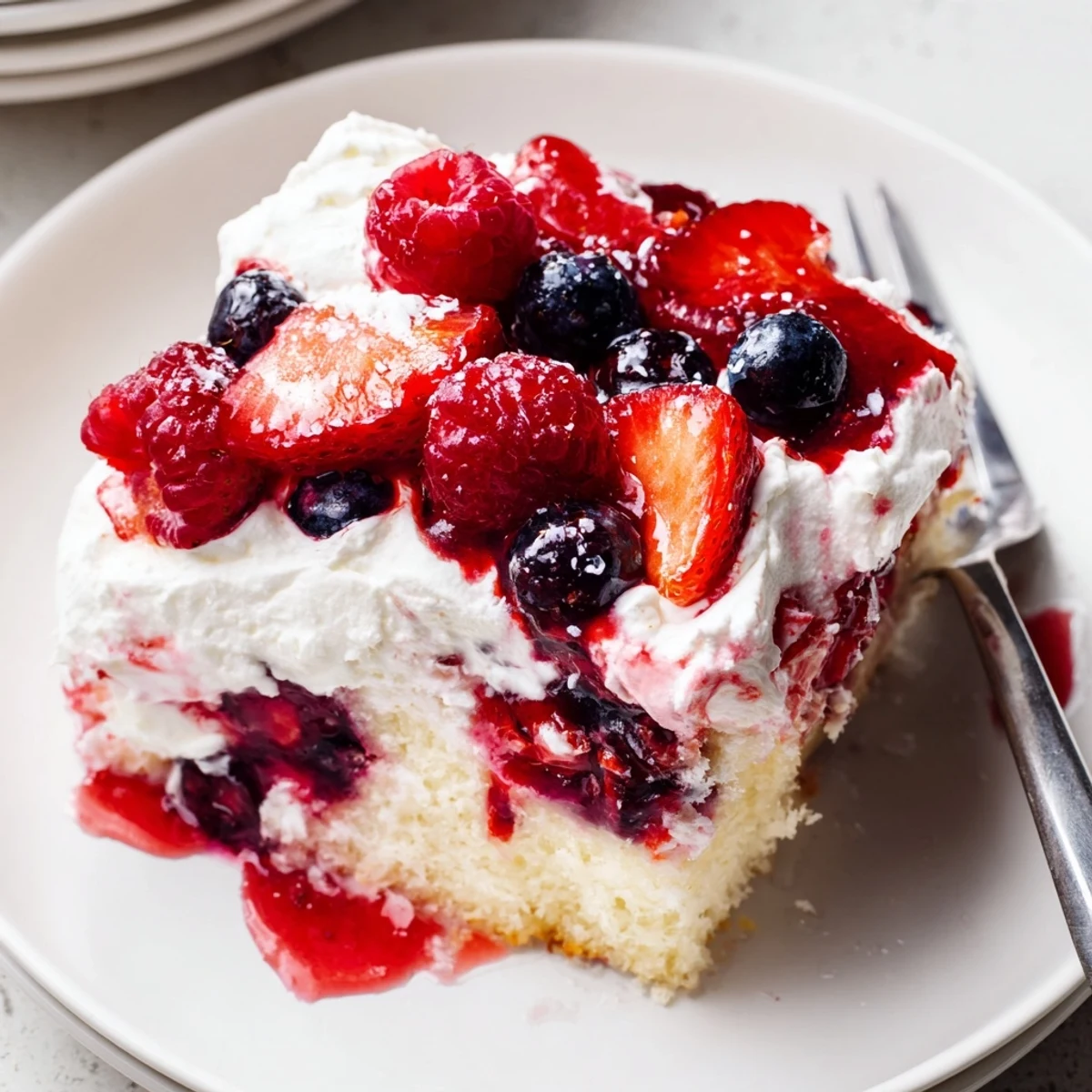 Chilled Summer Berry Poke Cake slice showing soft vanilla cake and berries.