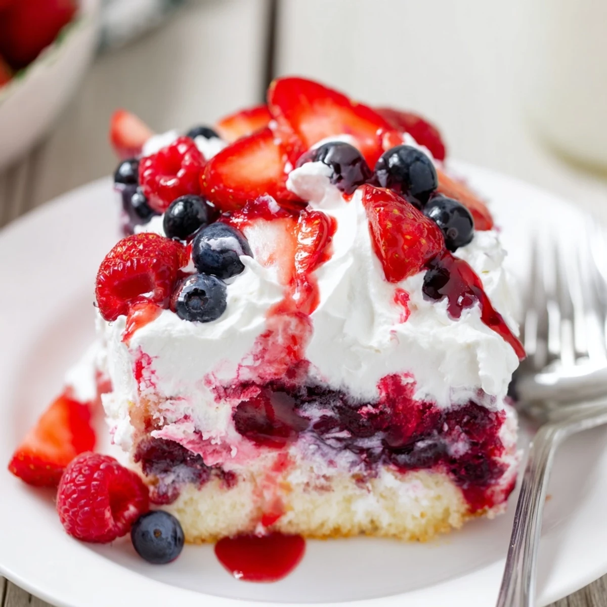 A plated Summer Berry Poke Cake garnished with mint, fork ready.