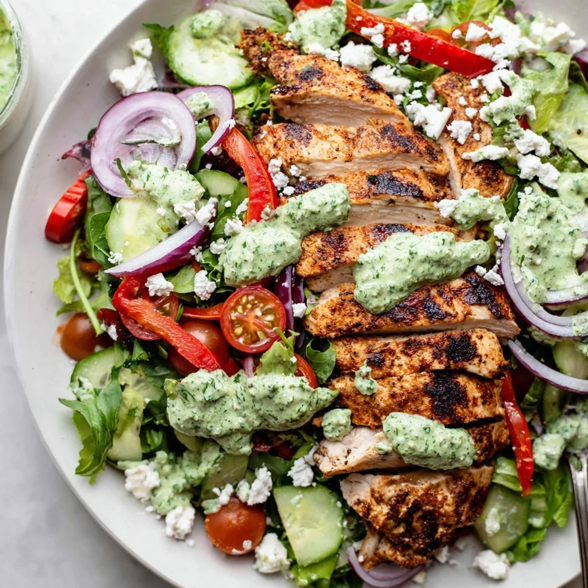 Grilled Chicken Salad topped with creamy avocado herb dressing and crisp vegetables