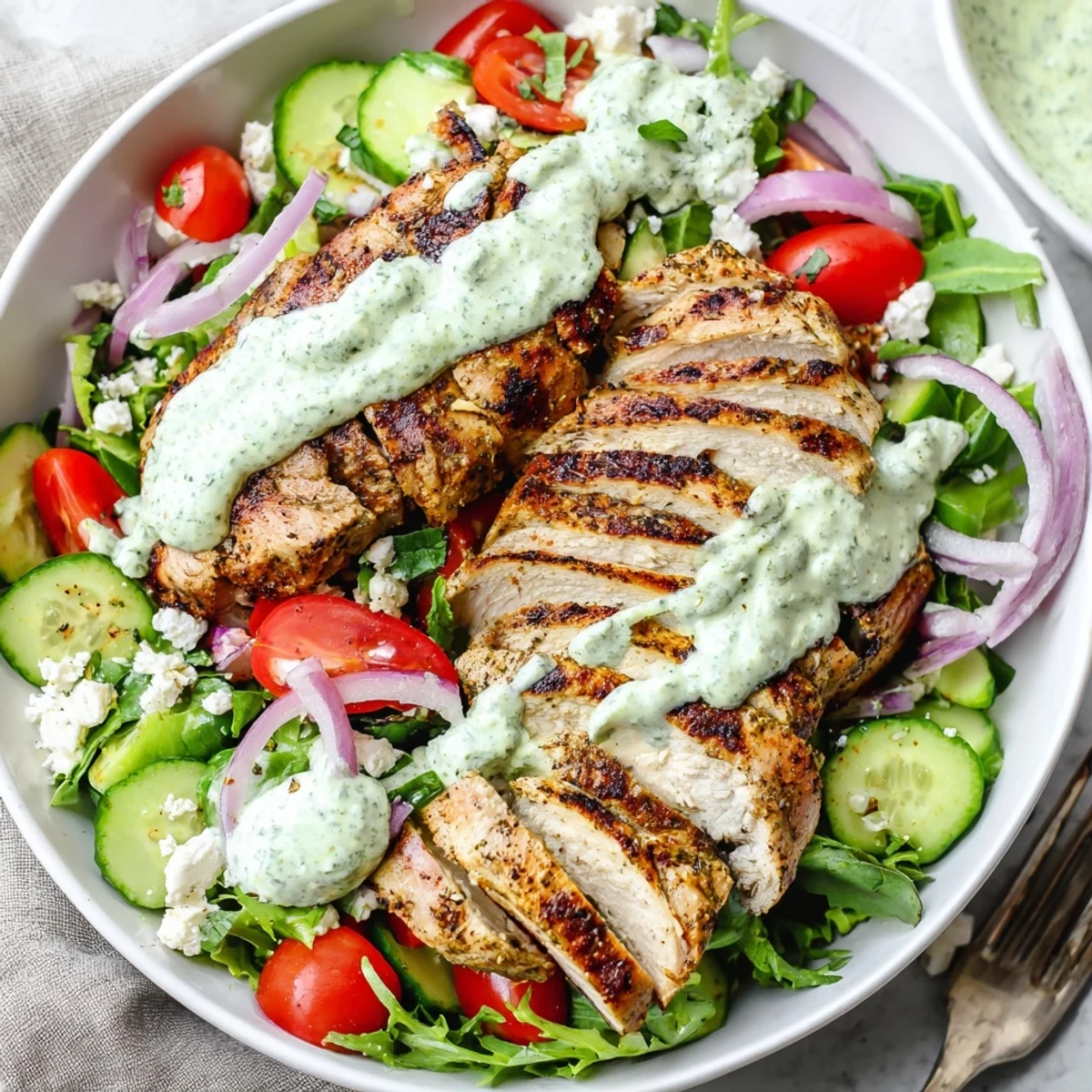 Bowl of Grilled Chicken Salad drizzled with avocado herb dressing, perfect light lunch