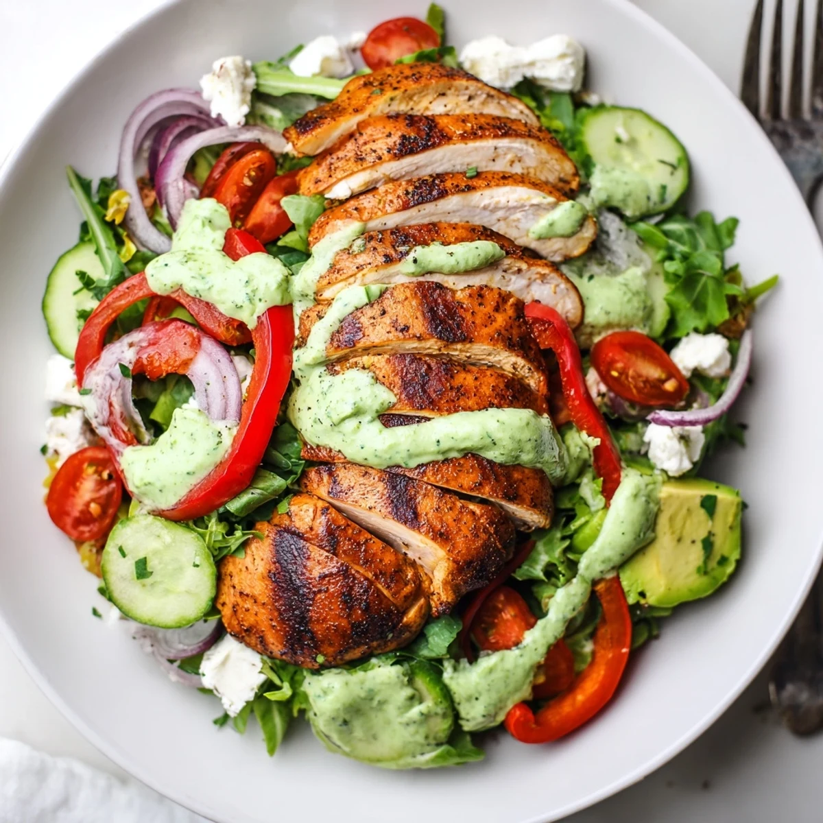 Smoky sliced chicken resting on Grilled Chicken Salad with zesty lime avocado herb dressing