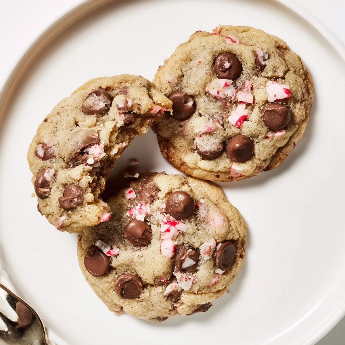 Peppermint Chocolate Chip Cookies stacked warm on a cooling rack, minty aroma.