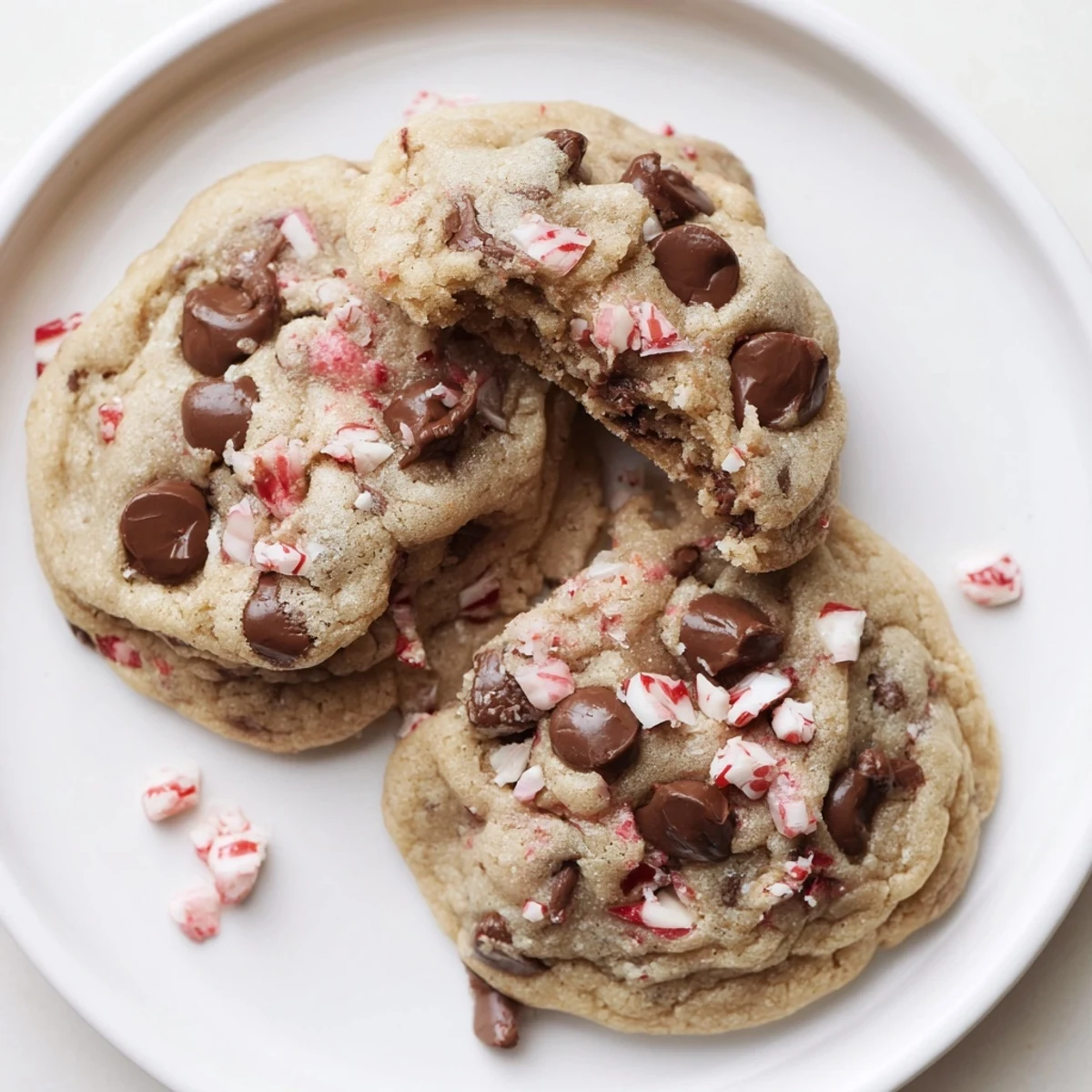 A plate of Peppermint Chocolate Chip Cookies, gooey chocolate and crisp peppermint.