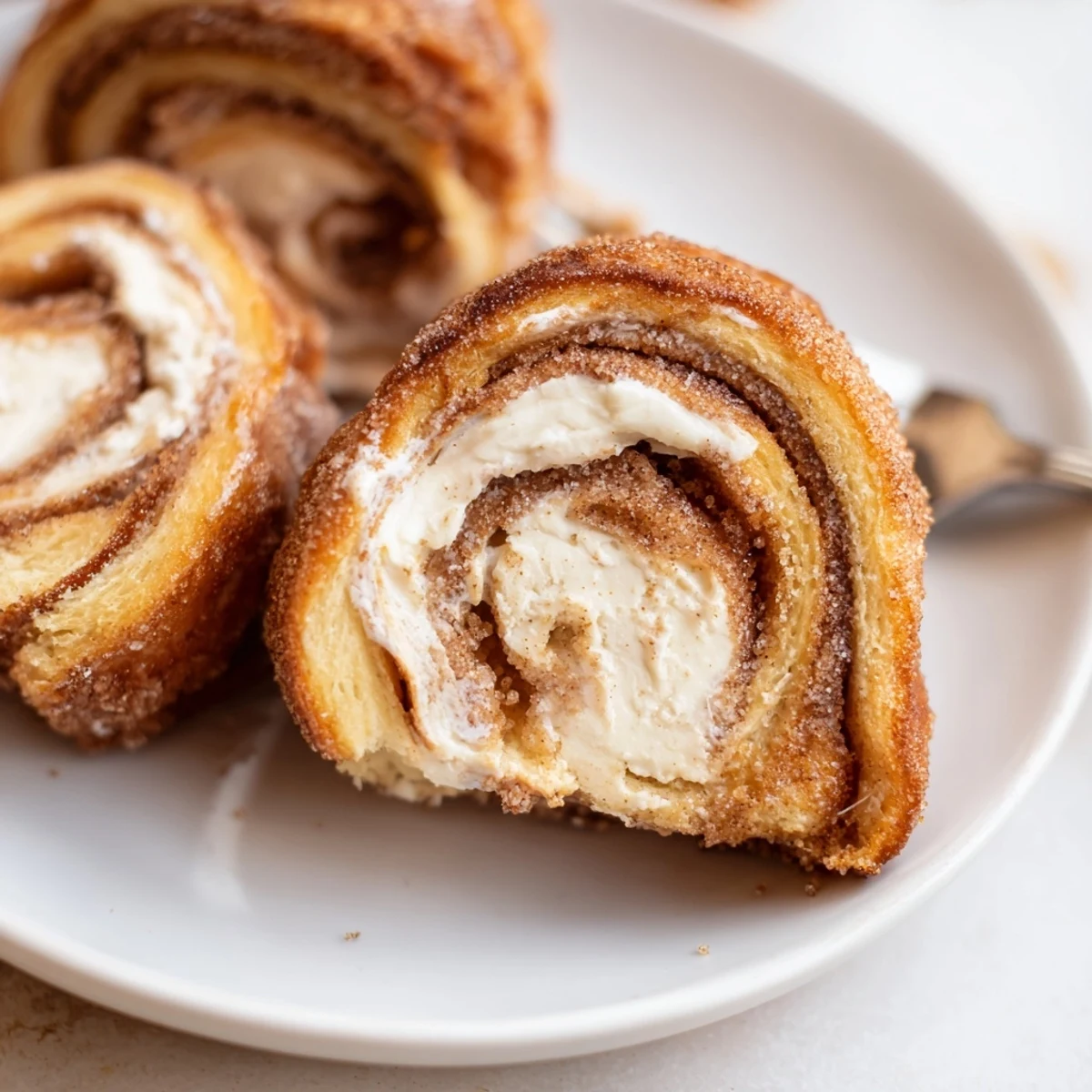 Cinnamon Roll French Toast Roll Ups golden, sugar-coated, steaming on a plate