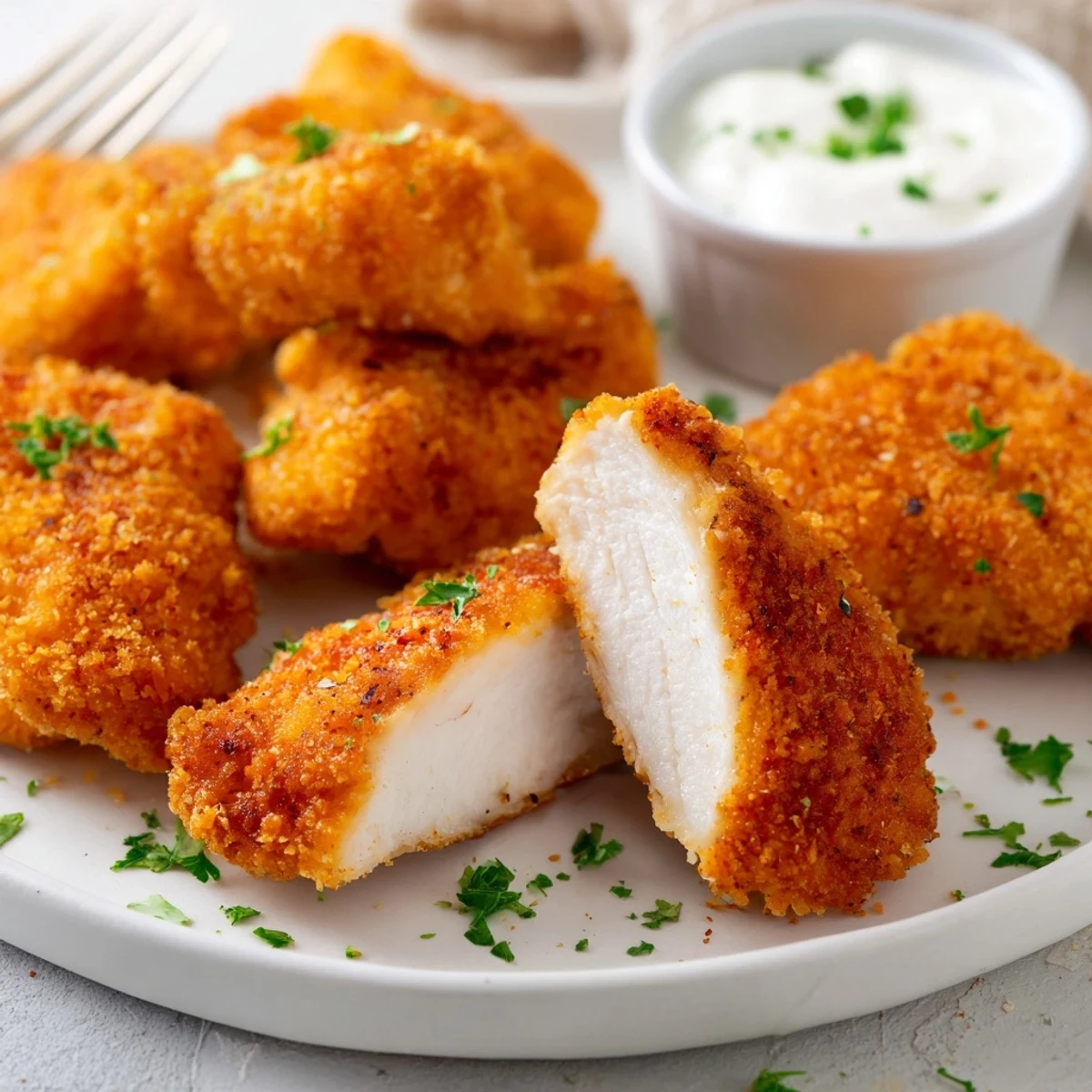 Golden, crispy Chicken Bites piled on a plate with ranch dipping sauce