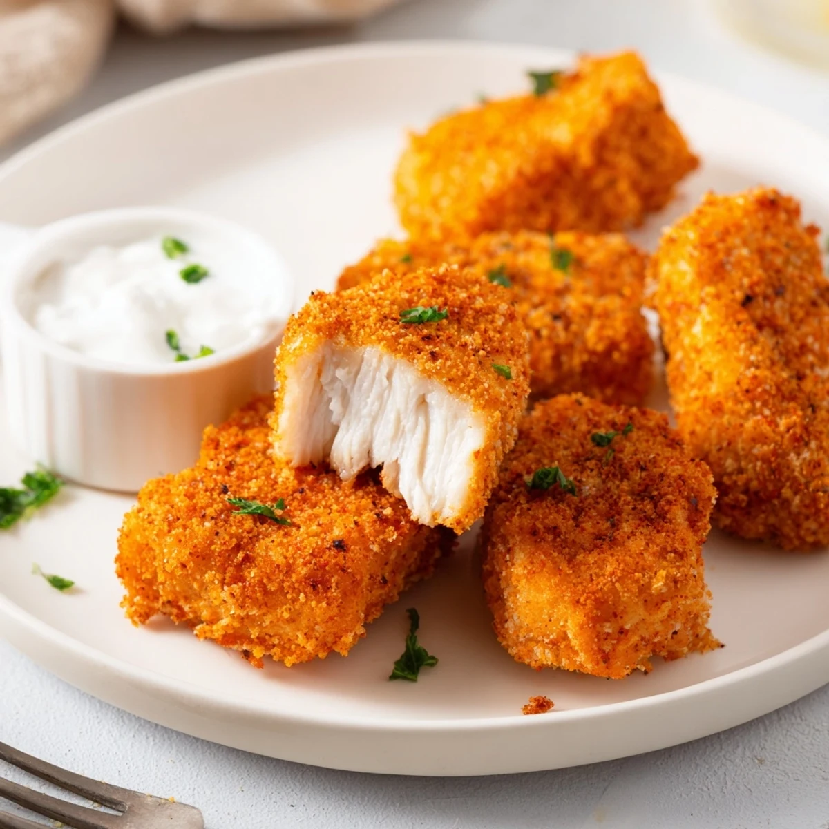 Steaming, juicy Chicken Bites with flaky crust served on a party tray